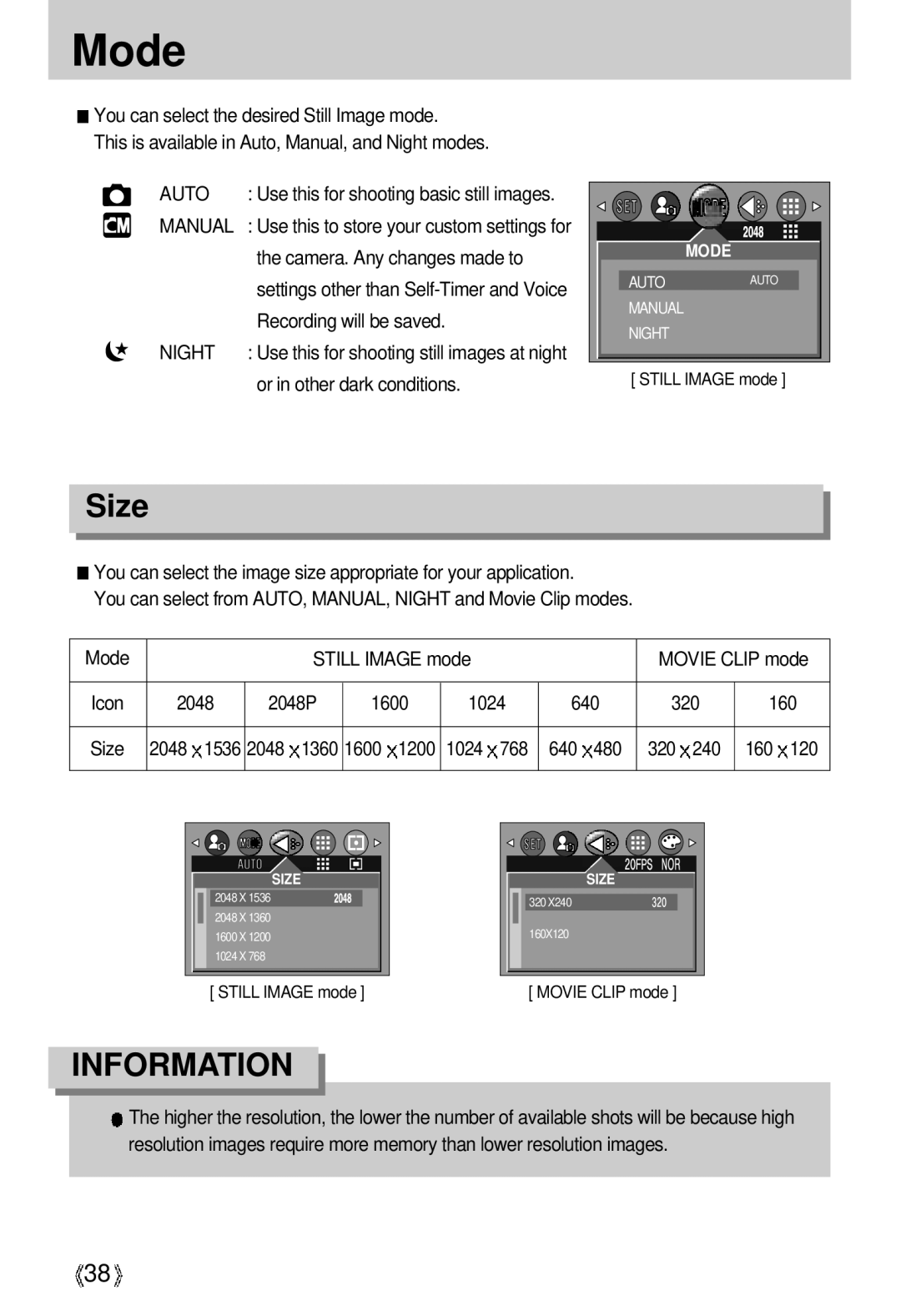 Samsung U-CA 3 manual Mode, Size 