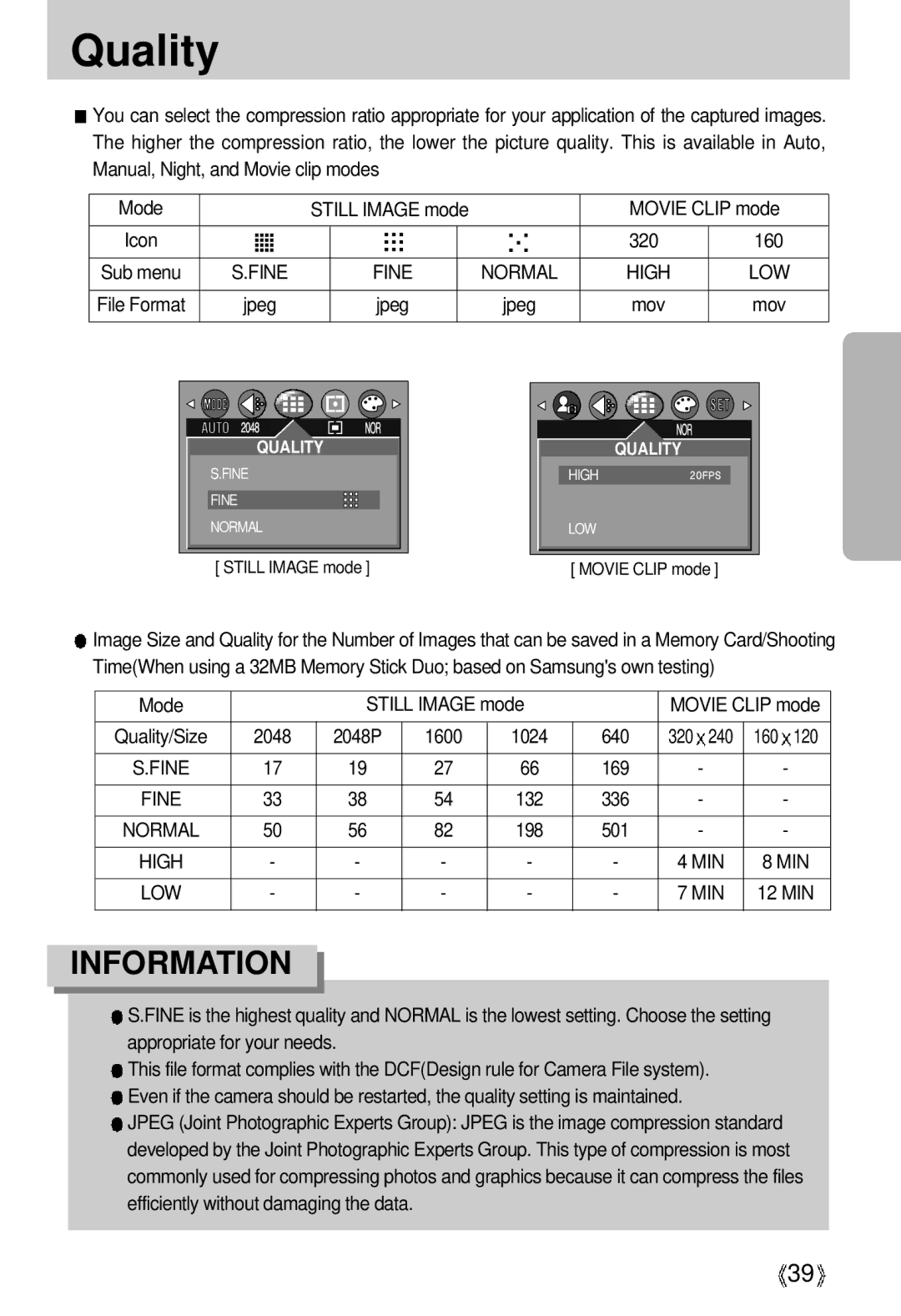 Samsung U-CA 3 manual Quality, Fine, High MIN 