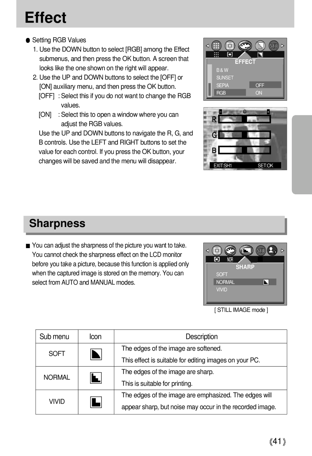 Samsung U-CA 3 manual Effect, Sharpness, Soft, Normal, Vivid 