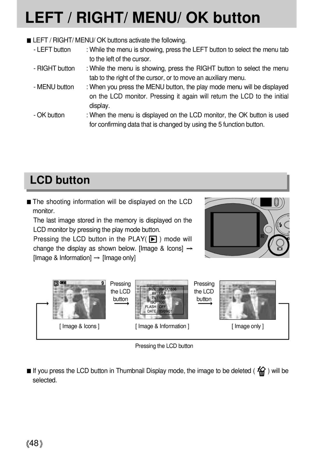 Samsung U-CA 3 manual Left / RIGHT/ MENU/ OK button, To the left of the cursor, Menu button, Display 