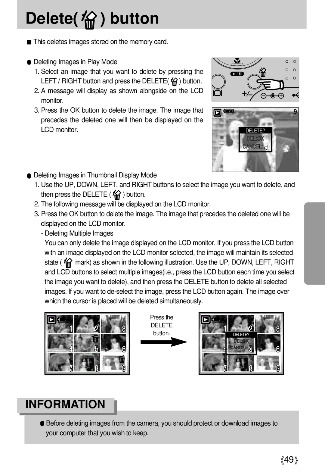 Samsung U-CA 3 manual Delete button, Monitor 