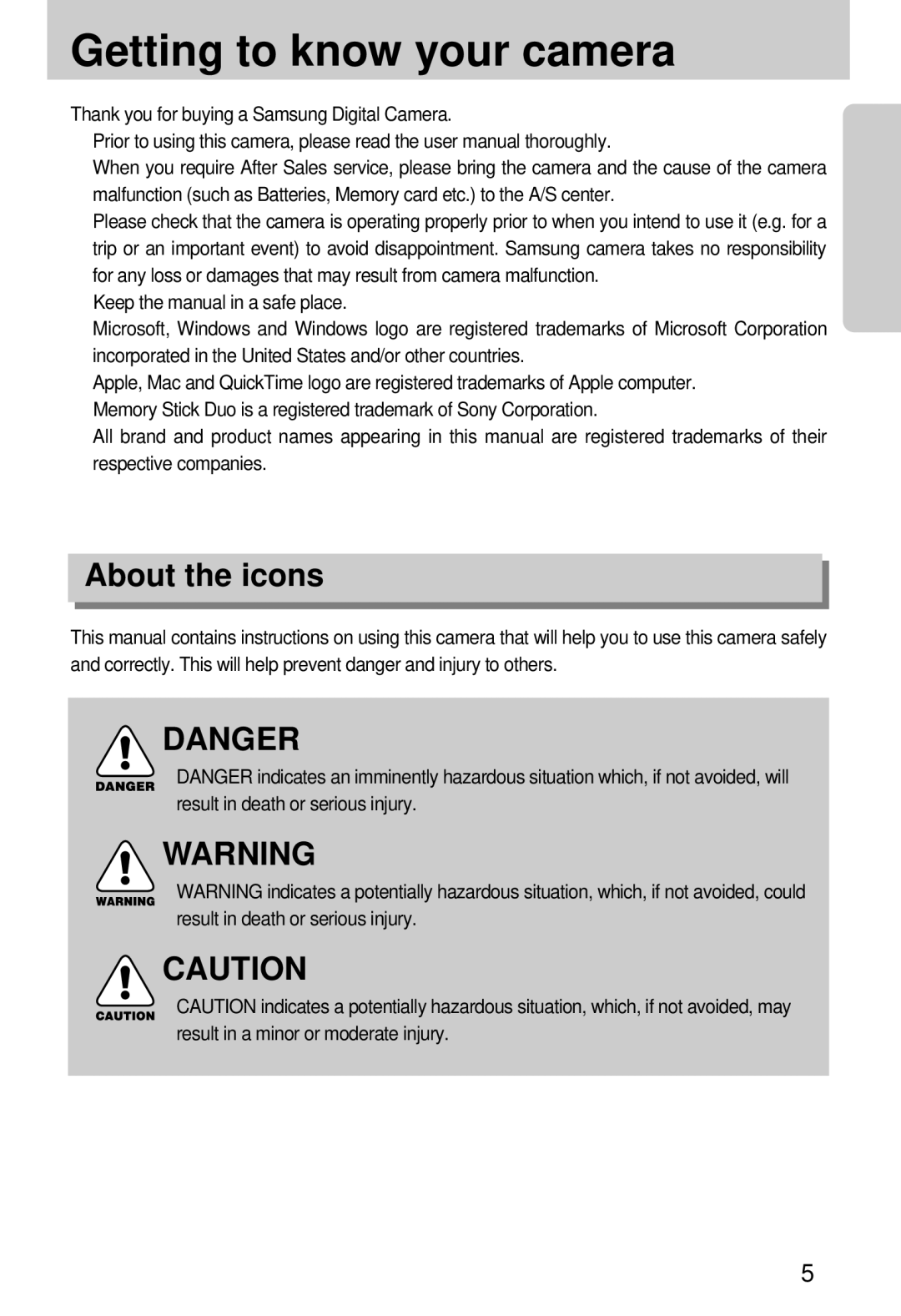 Samsung U-CA 3 manual Getting to know your camera, About the icons 