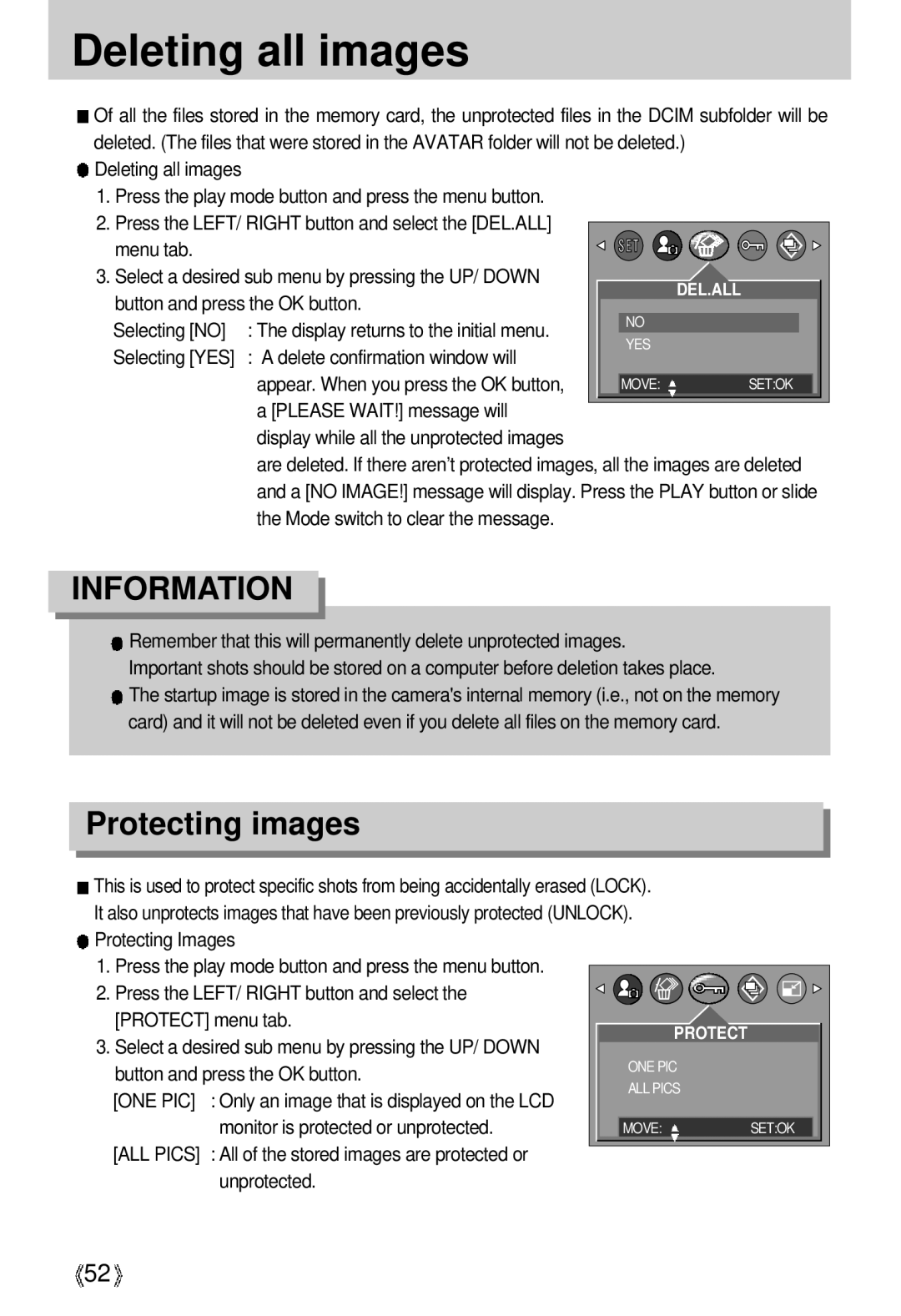 Samsung U-CA 3 manual Deleting all images, Protecting images, ALL Pics 