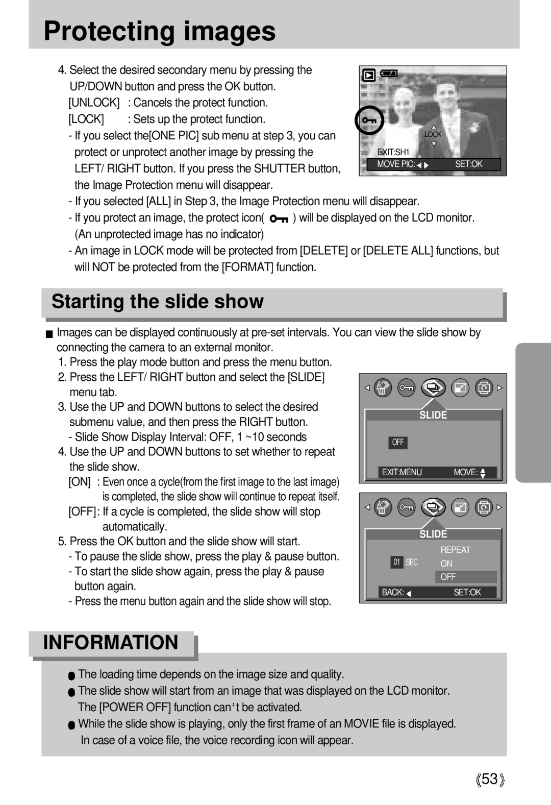 Samsung U-CA 3 manual Protecting images, Starting the slide show, Unlock, Lock 