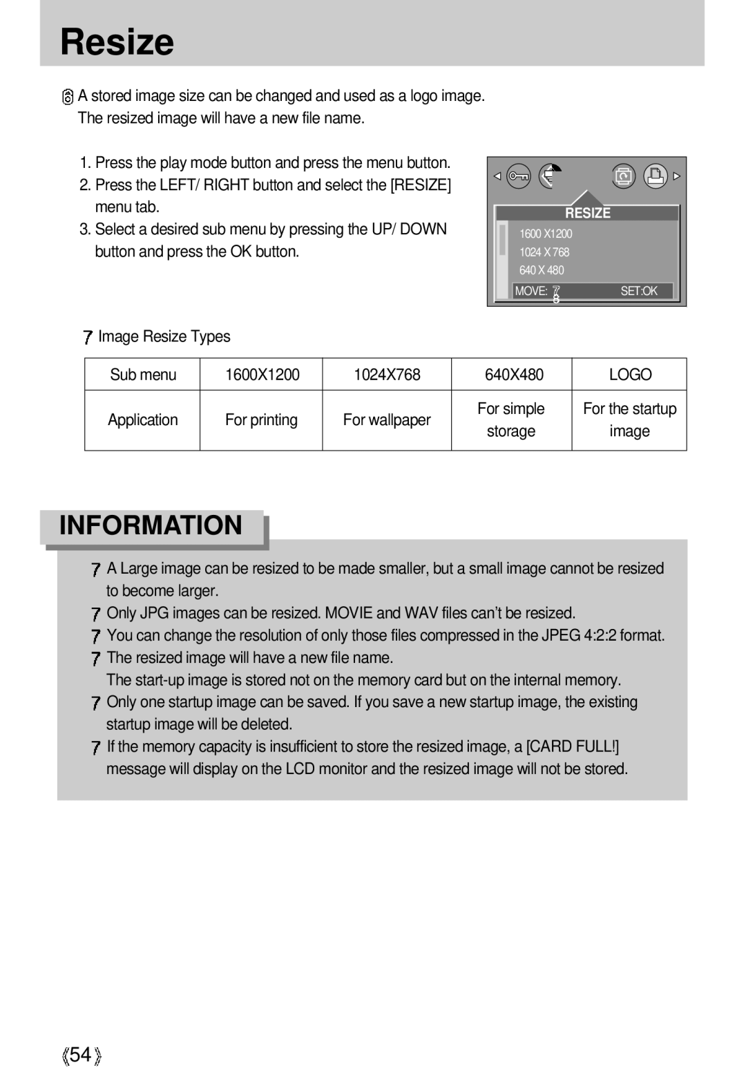 Samsung U-CA 3 manual Resize, Logo 