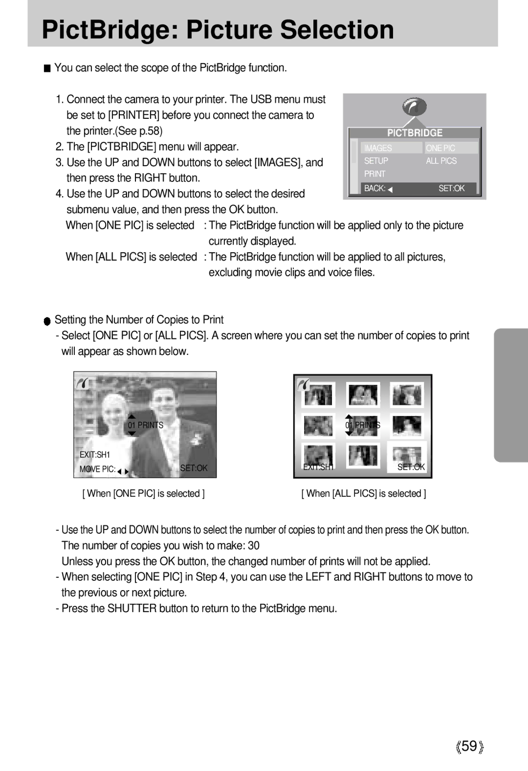 Samsung U-CA 3 manual PictBridge Picture Selection, You can select the scope of the PictBridge function 