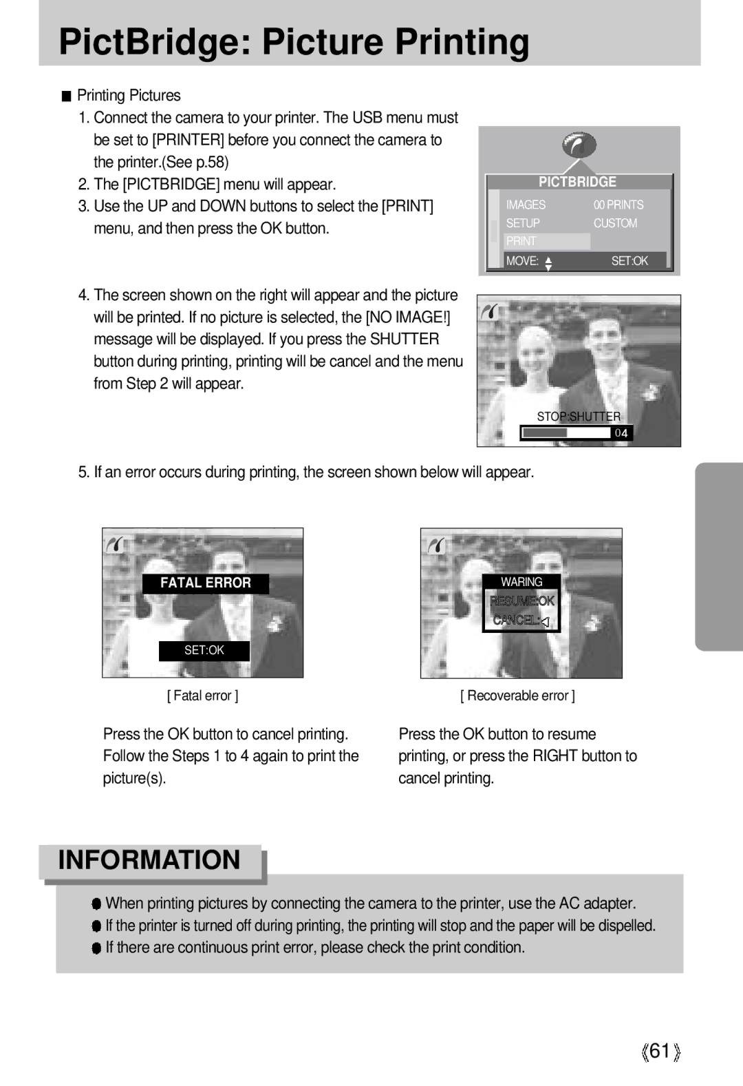 Samsung U-CA 3 manual PictBridge Picture Printing 