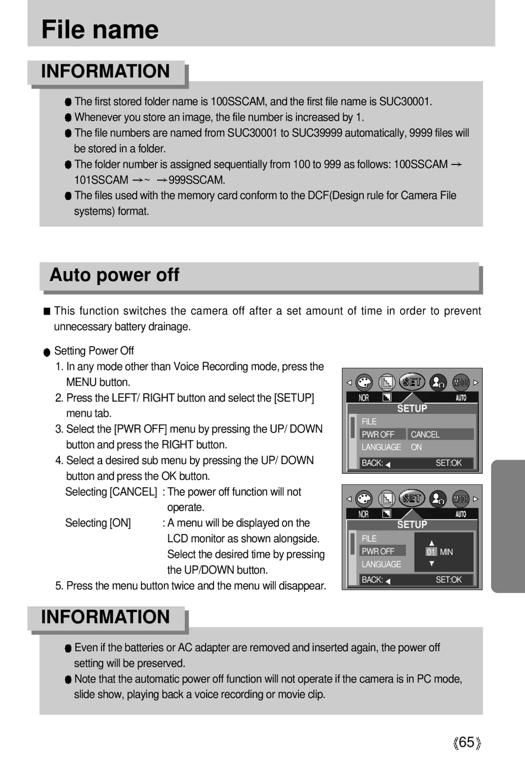 Samsung U-CA 3 manual File name, Auto power off 