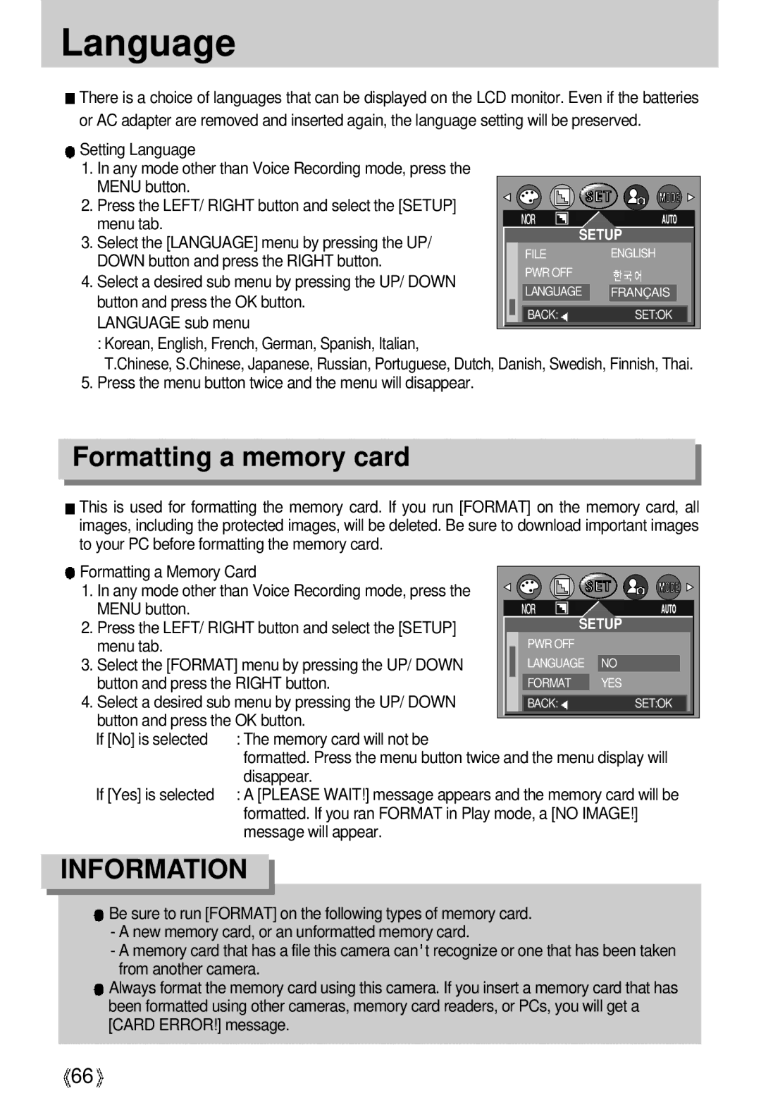 Samsung U-CA 3 manual Language, Formatting a memory card, Disappear If Yes is selected, Message will appear 