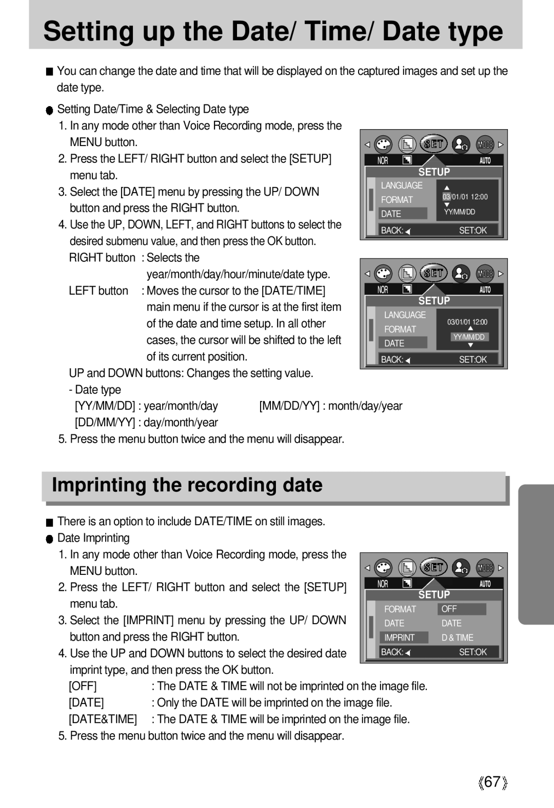 Samsung U-CA 3 manual Setting up the Date/ Time/ Date type, Imprinting the recording date, Date&Time 