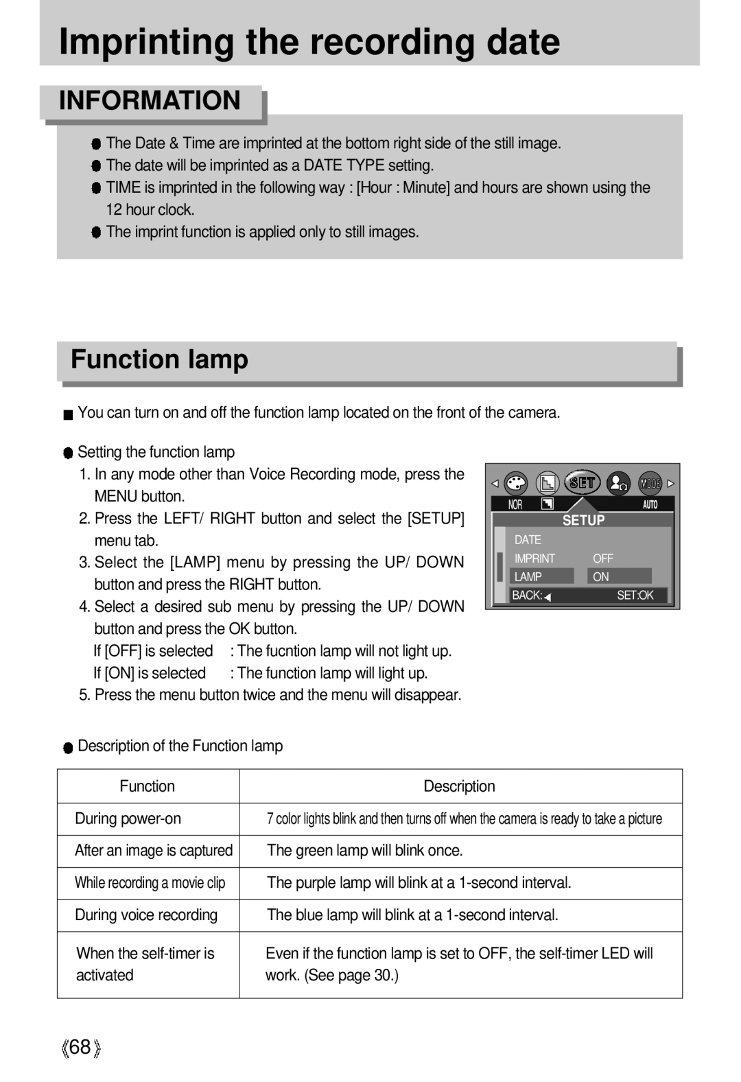 Samsung U-CA 3 manual Imprinting the recording date, Function lamp 