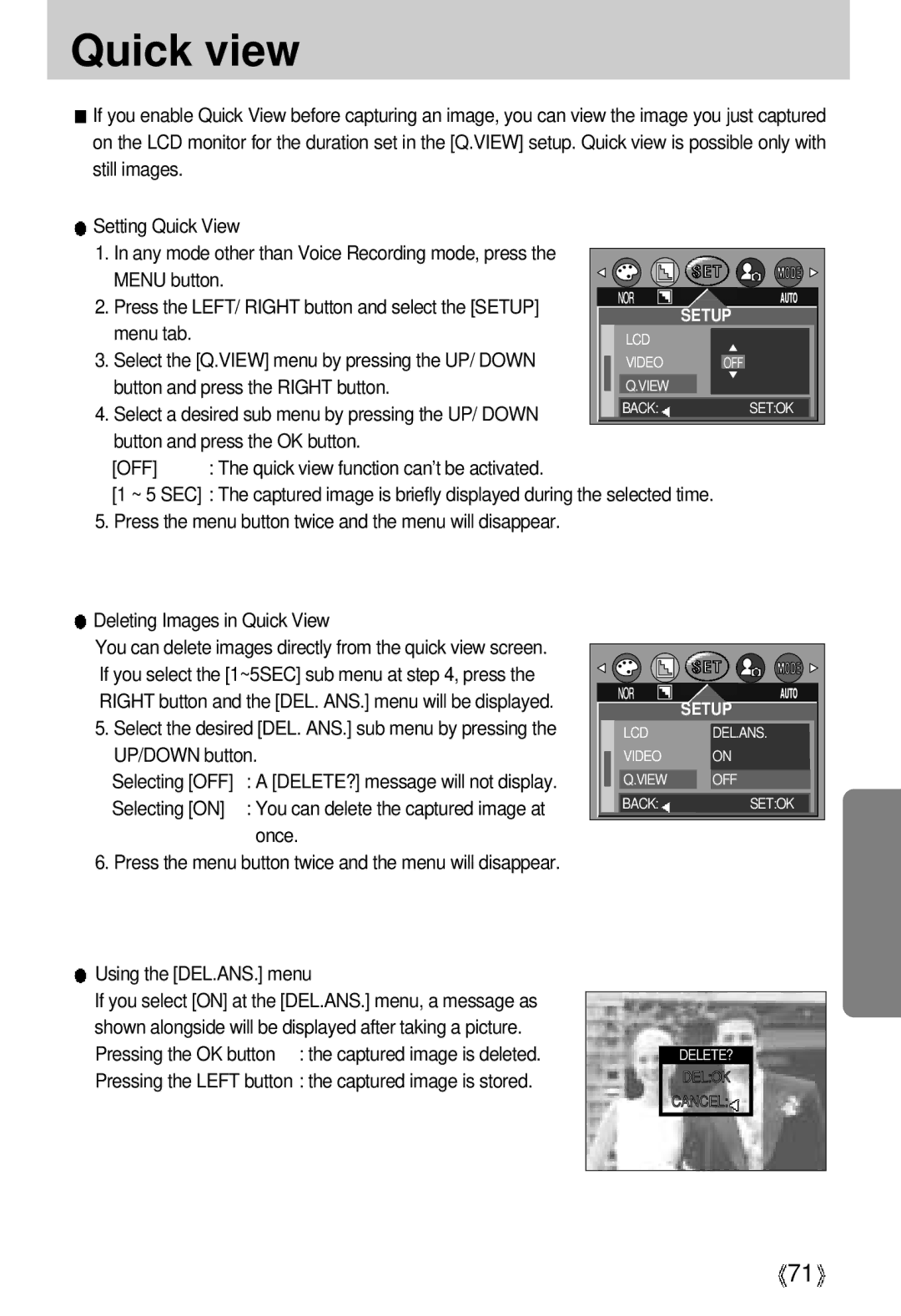 Samsung U-CA 3 manual Quick view, Select the Q.VIEW menu by pressing the UP/ Down, Using the DEL.ANS. menu 