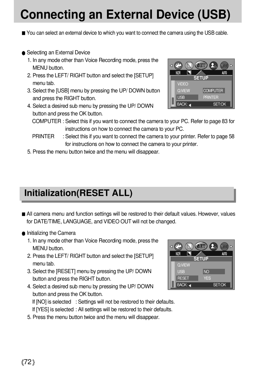 Samsung U-CA 3 manual Connecting an External Device USB, InitializationRESET ALL 