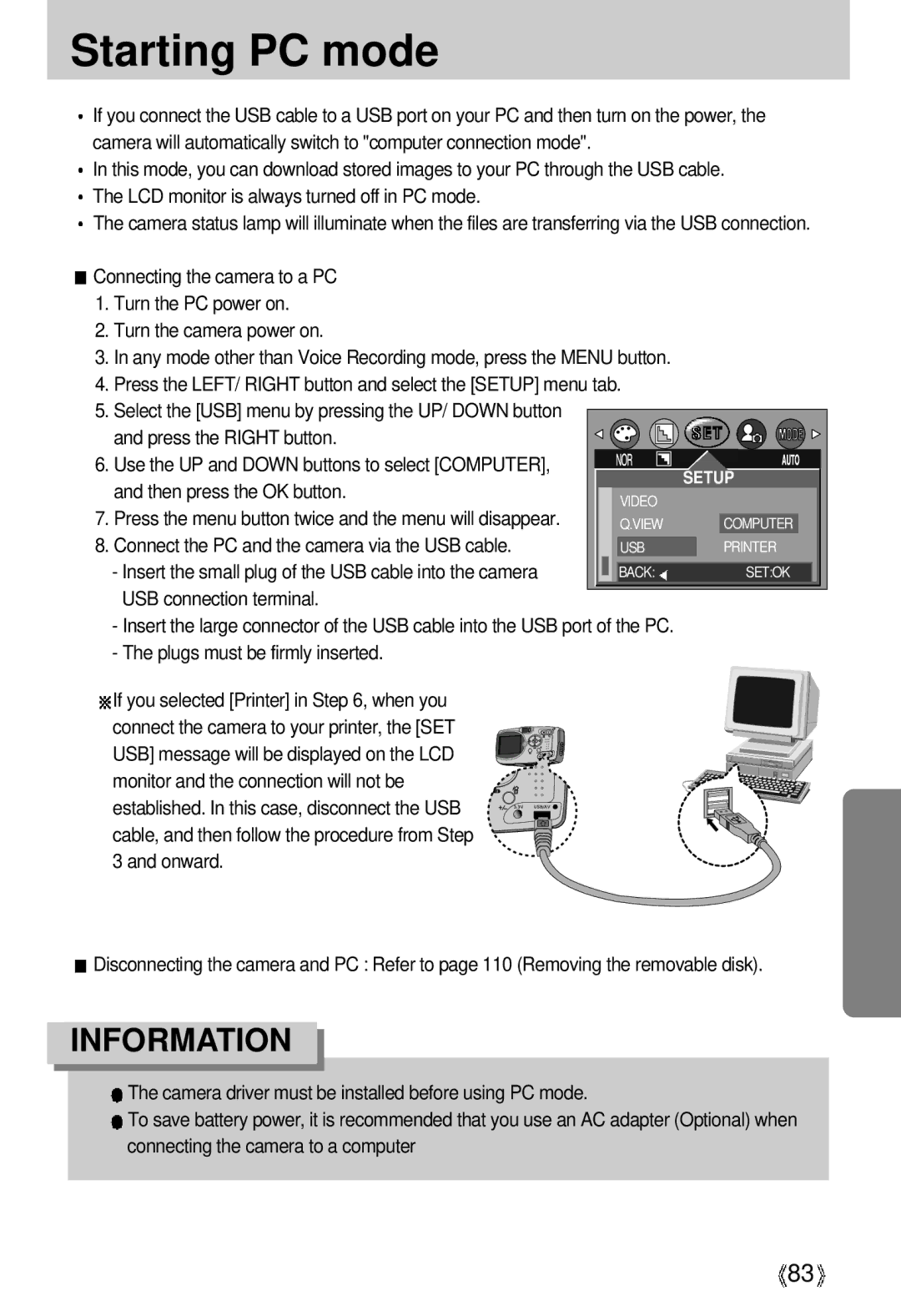 Samsung U-CA 3 manual Starting PC mode, USB connection terminal 