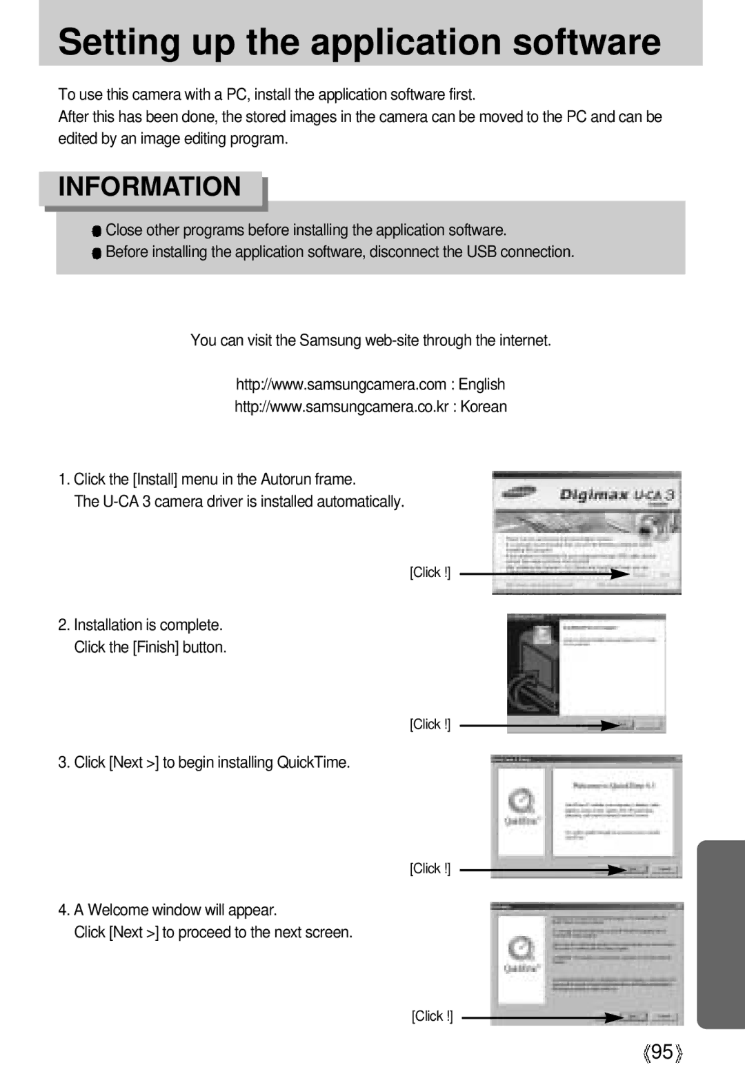 Samsung U-CA 3 manual Setting up the application software, Click Next to begin installing QuickTime 