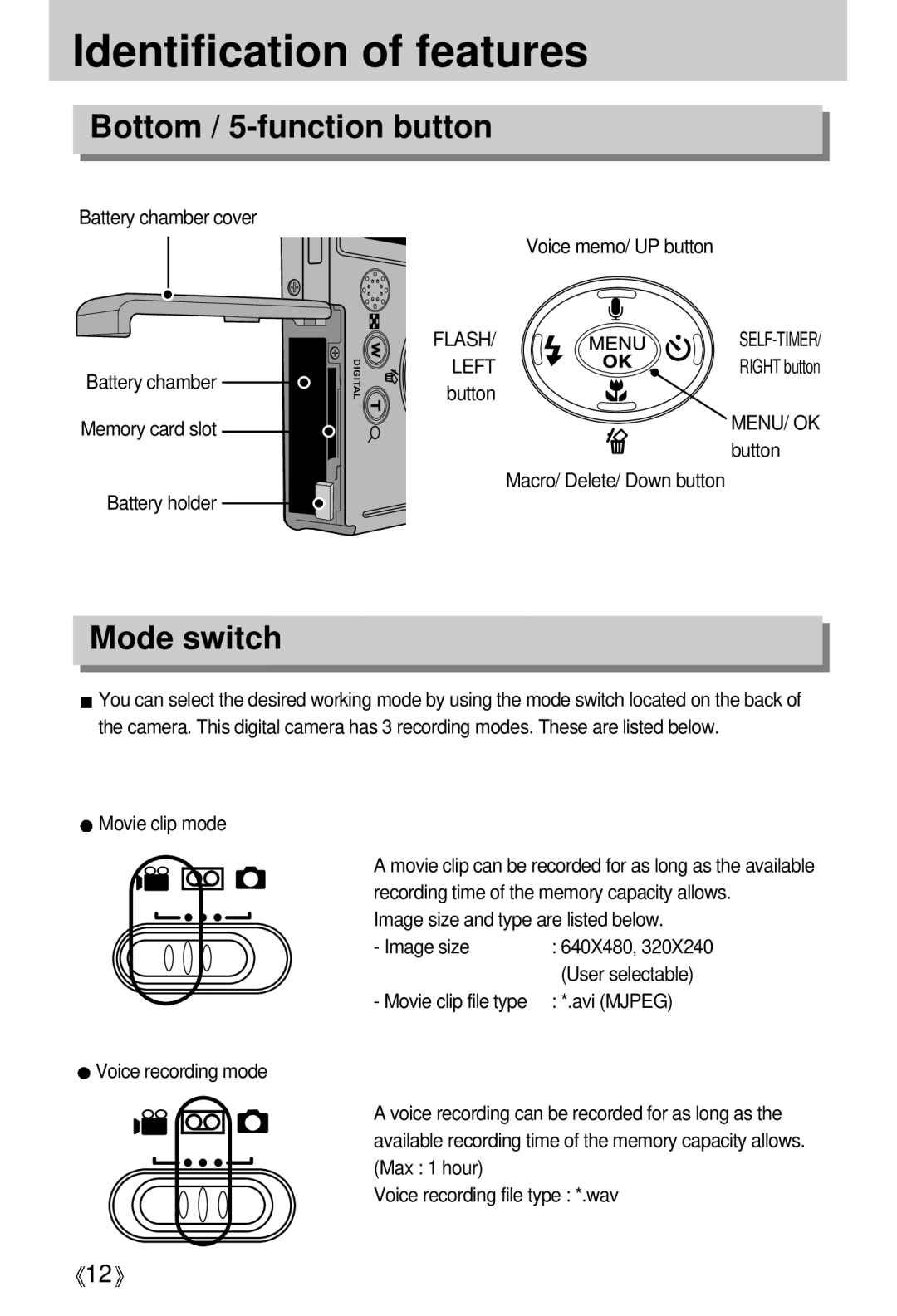 Samsung U-CA 401 user manual Bottom / 5-function button, Mode switch 