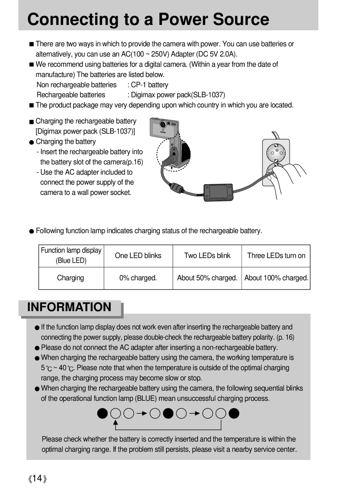 Samsung U-CA 401 user manual Connecting to a Power Source, Charging the battery, One LED blinks Two LEDs blink 