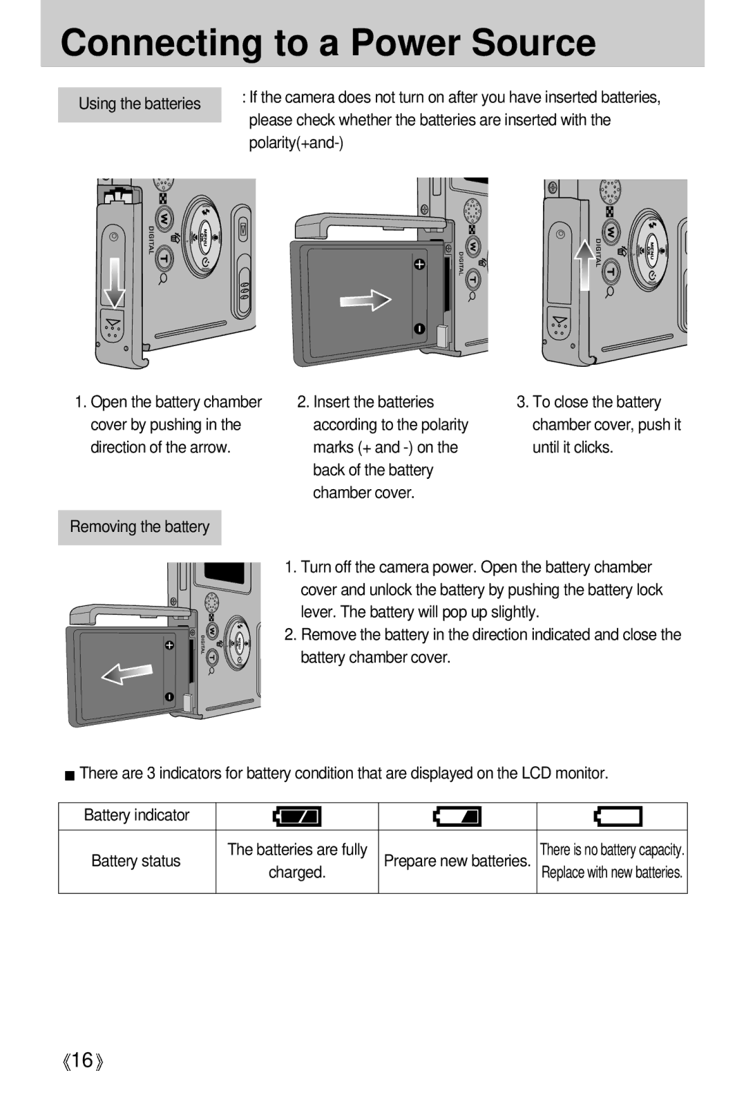 Samsung U-CA 401 user manual Polarity+and, Removing the battery Insert the batteries, According to the polarity 