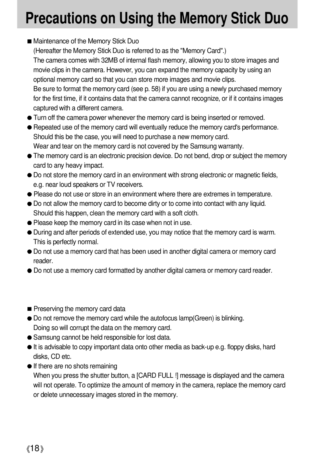 Samsung U-CA 401 user manual Precautions on Using the Memory Stick Duo 