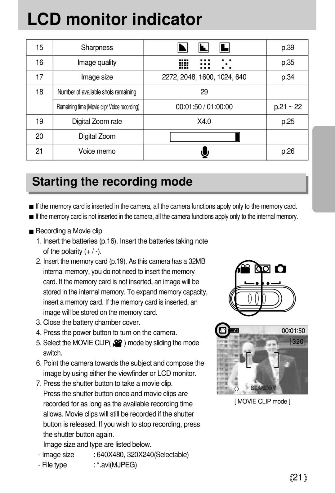 Samsung U-CA 401 user manual Starting the recording mode, File type AviMJPEG 