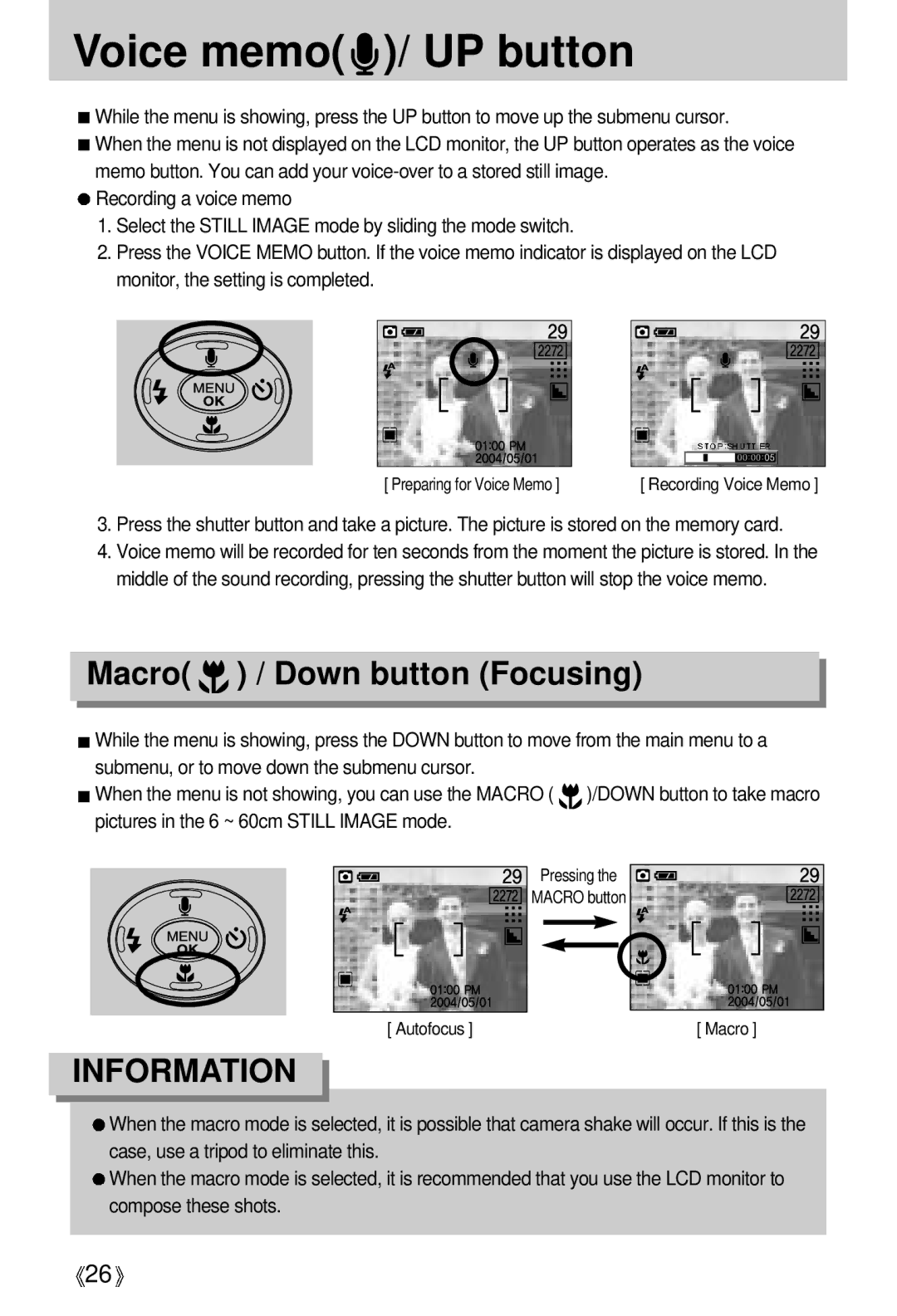 Samsung U-CA 401 user manual Voice memo / UP button, Macro / Down button Focusing 