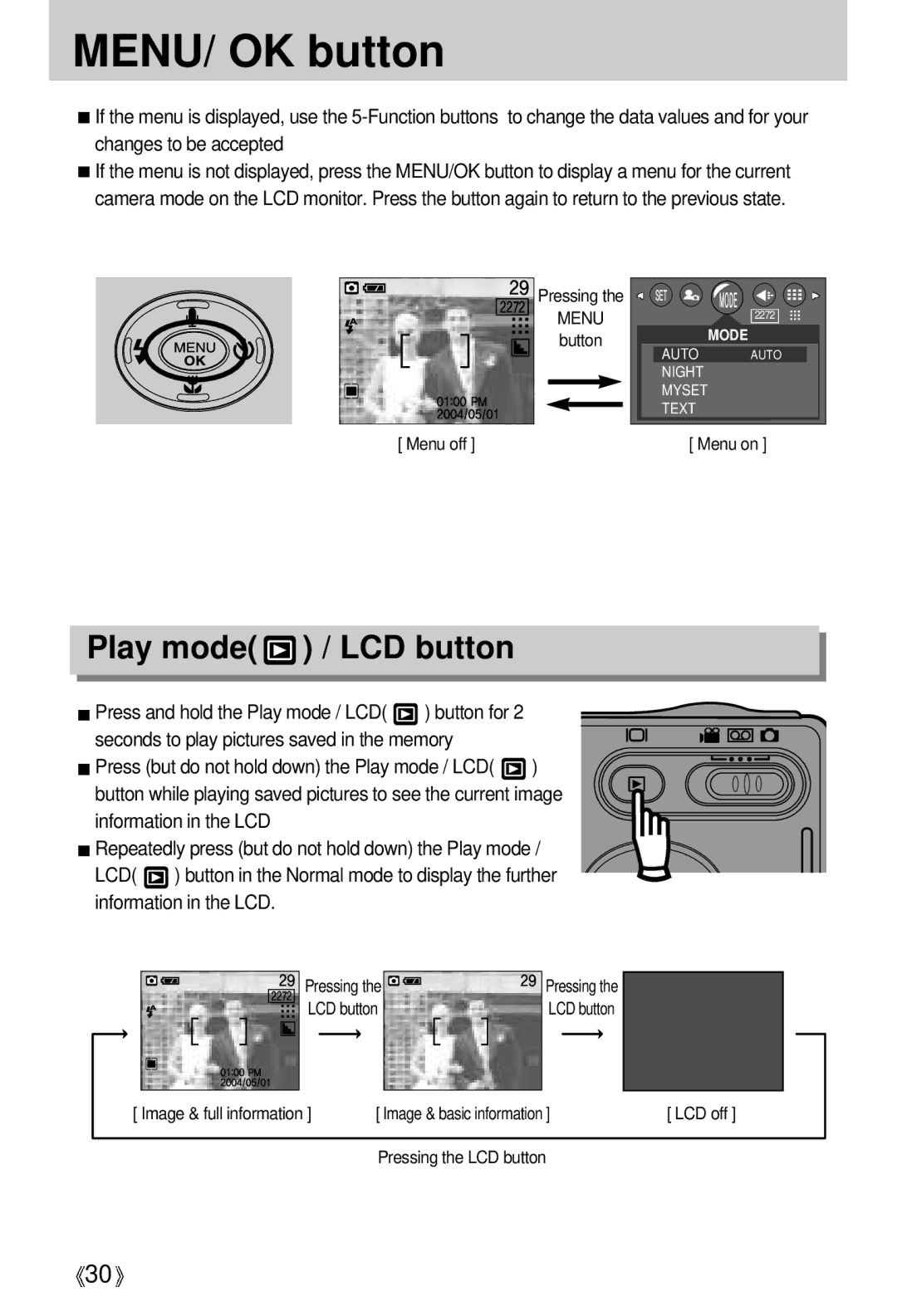 Samsung U-CA 401 user manual MENU/ OK button, Play mode / LCD button 