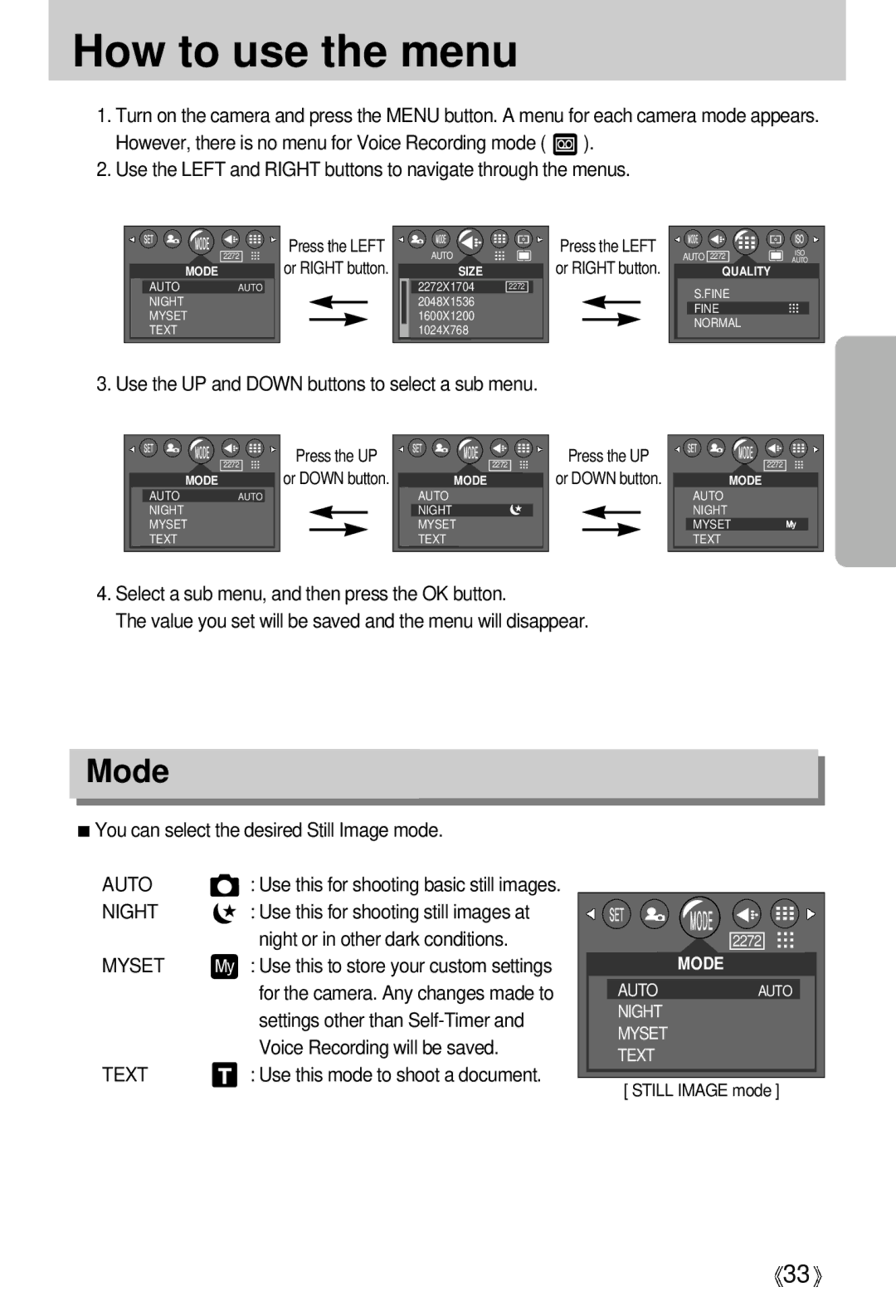 Samsung U-CA 401 user manual How to use the menu, Mode 