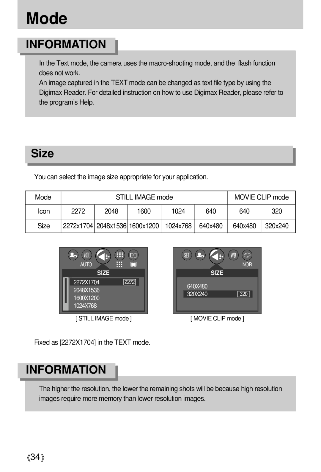 Samsung U-CA 401 user manual Mode, Size, 2272 2048 1600 1024 640 320, Fixed as 2272X1704 in the Text mode 