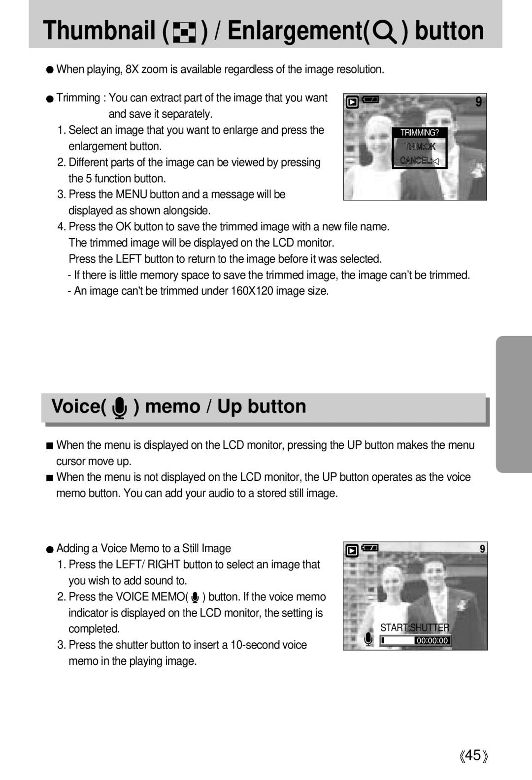 Samsung U-CA 401 user manual Voice memo / Up button, Save it separately, Enlargement button 