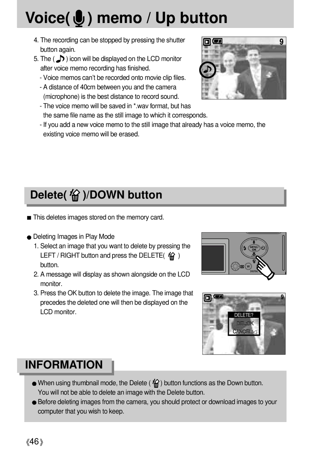 Samsung U-CA 401 user manual Delete /DOWN button, Voice memos can’t be recorded onto movie clip files 