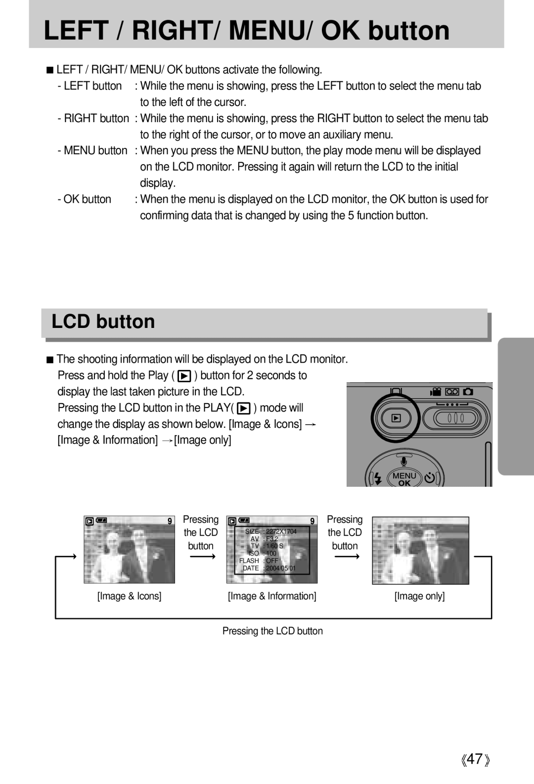 Samsung U-CA 401 user manual Left / RIGHT/ MENU/ OK button, LCD button 