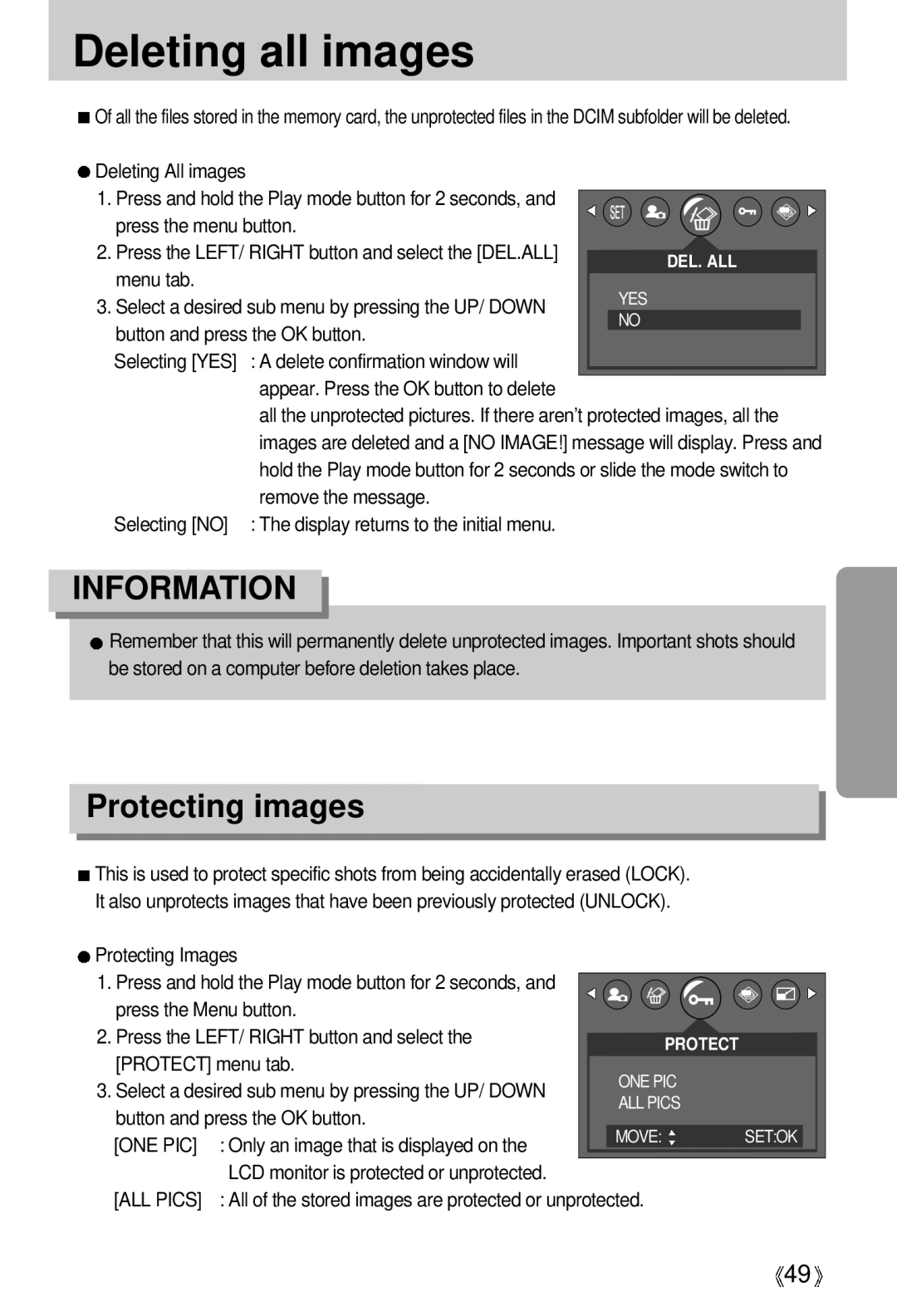 Samsung U-CA 401 user manual Deleting all images, Protecting images 