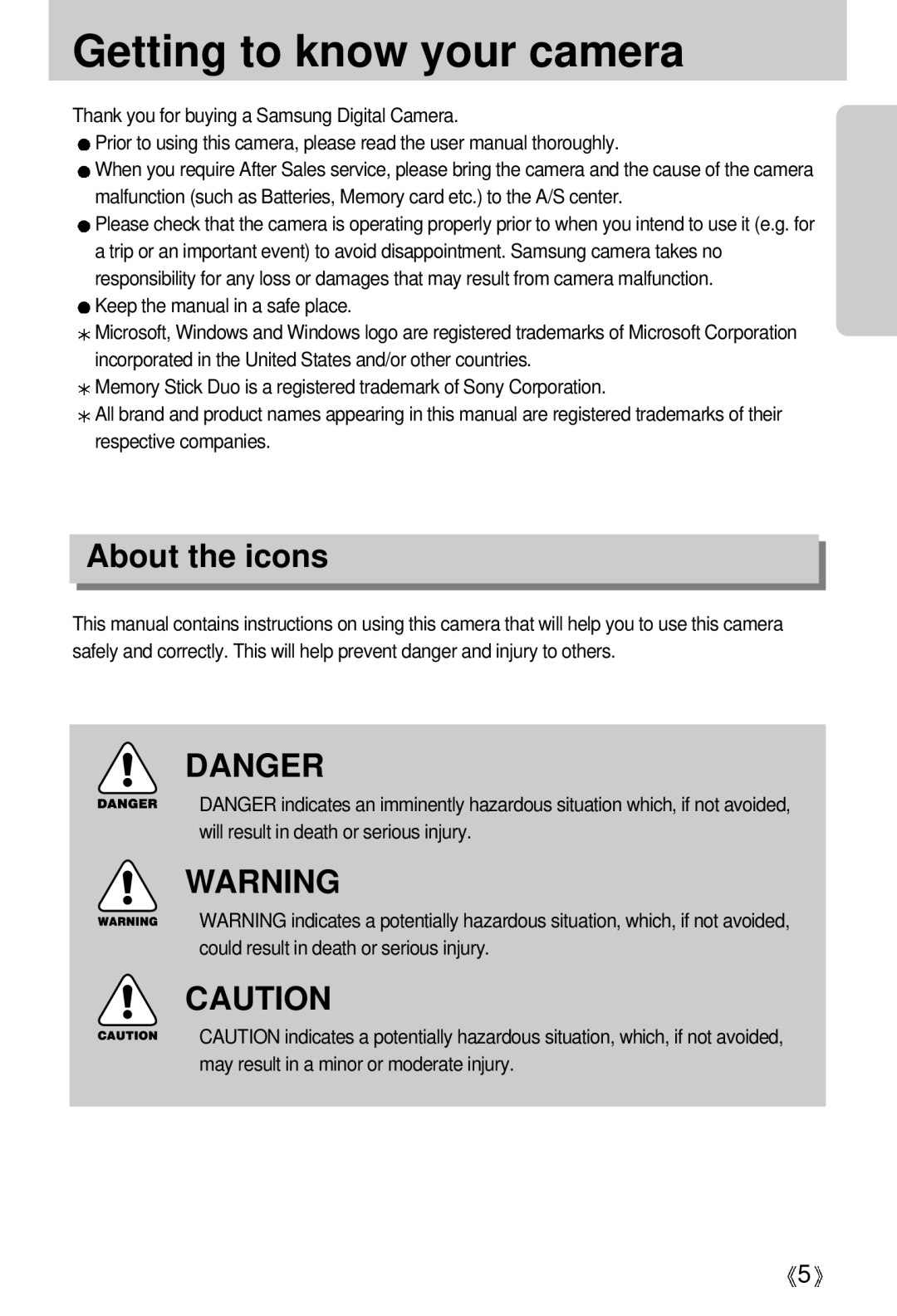 Samsung U-CA 401 user manual Getting to know your camera, About the icons 