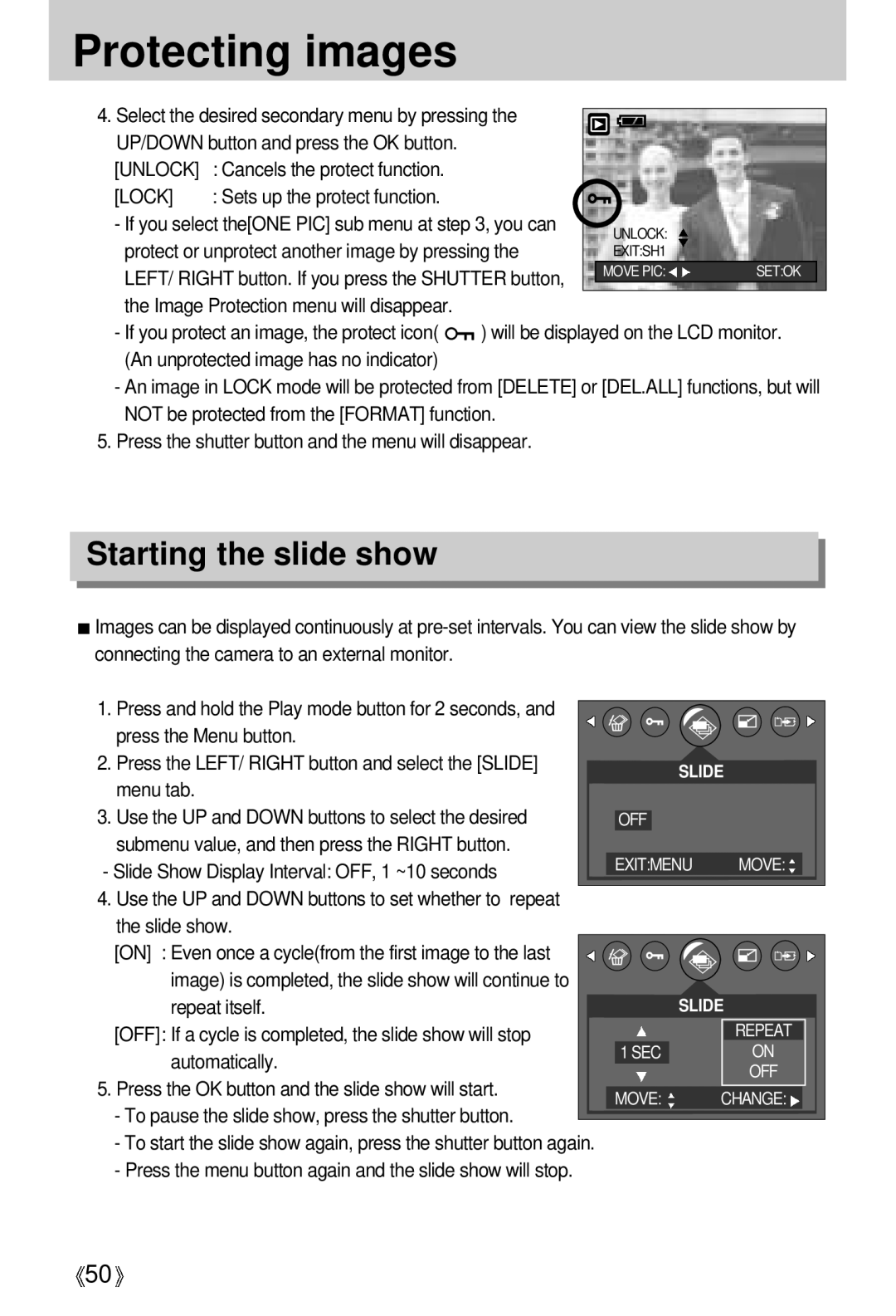 Samsung U-CA 401 user manual Protecting images, Starting the slide show 