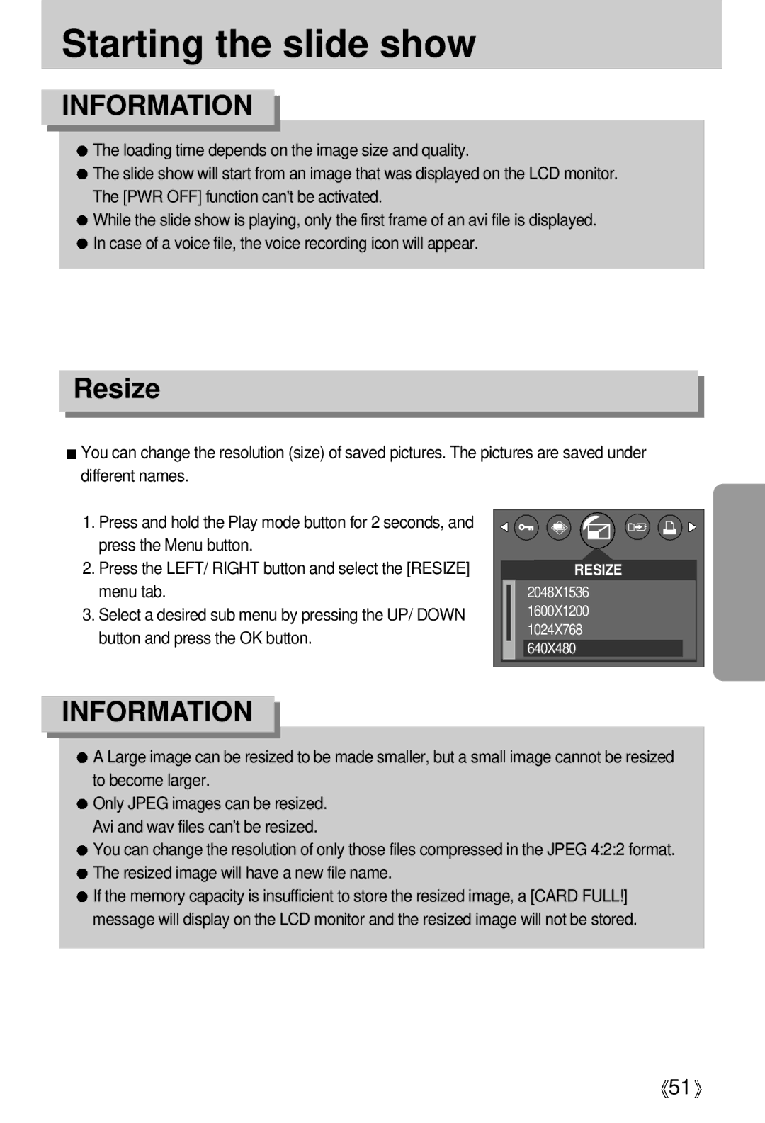 Samsung U-CA 401 user manual Starting the slide show, Resize 