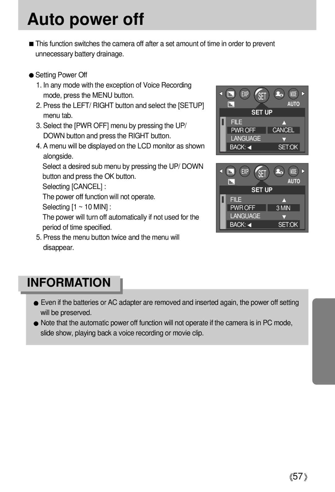 Samsung U-CA 401 user manual Auto power off 