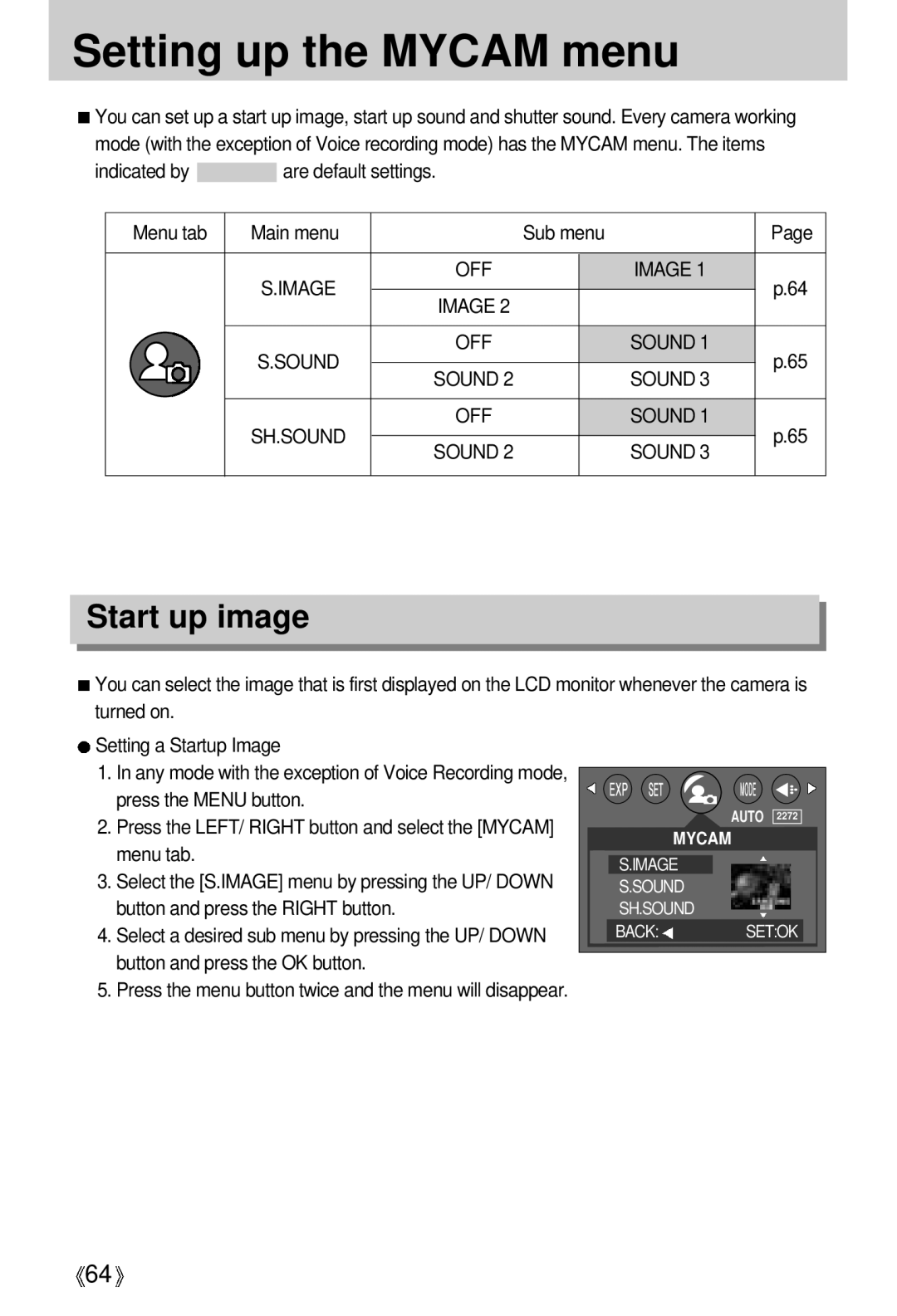 Samsung U-CA 401 user manual Setting up the Mycam menu, Start up image 