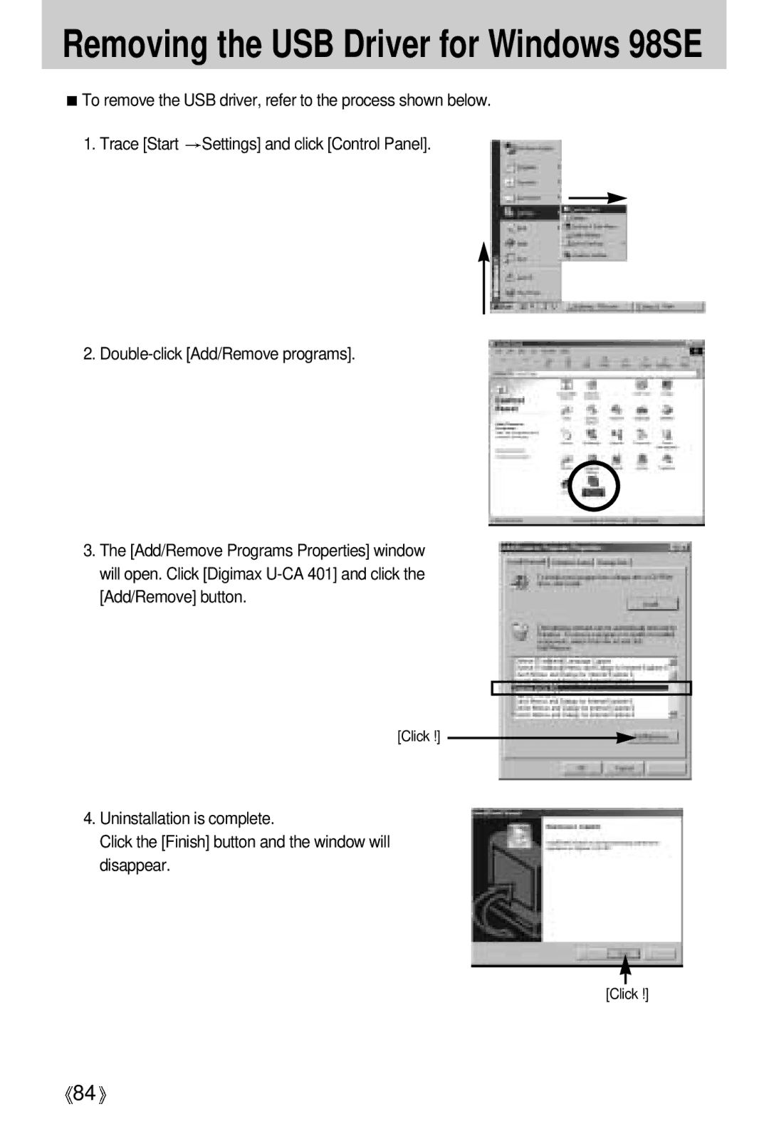 Samsung U-CA 401 user manual Removing the USB Driver for Windows 98SE 