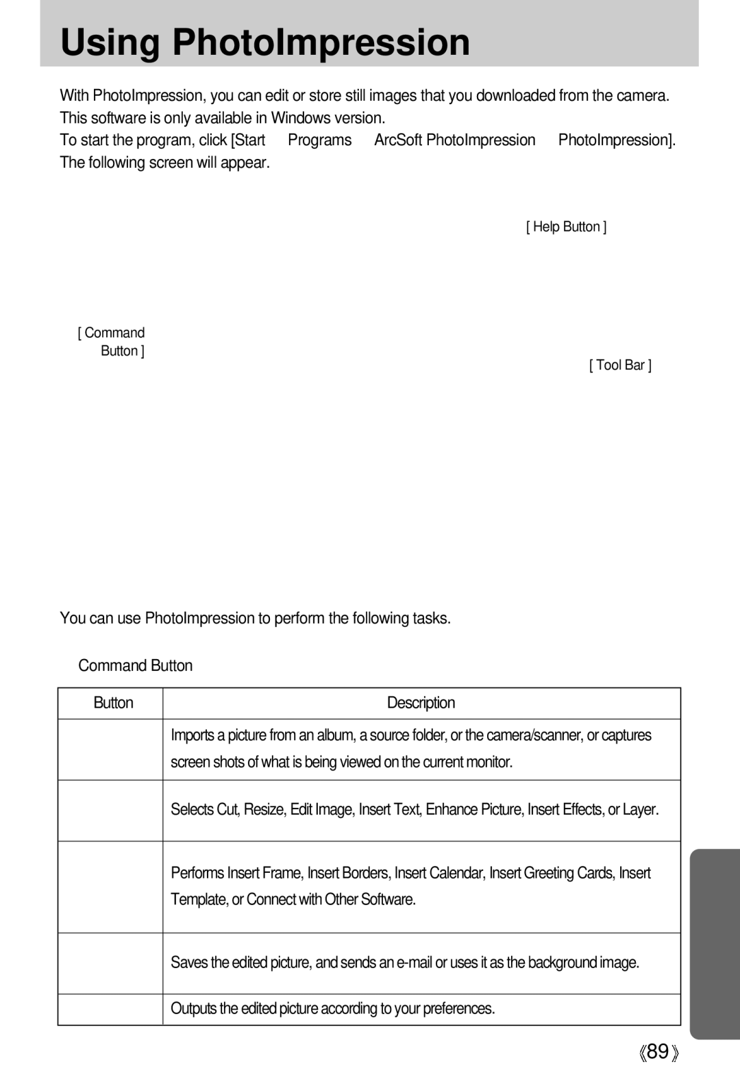 Samsung U-CA 401 user manual Using PhotoImpression, Screen shots of what is being viewed on the current monitor 