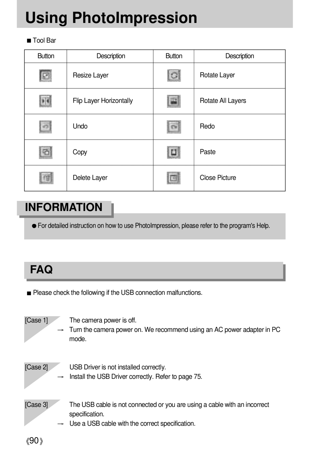 Samsung U-CA 401 user manual Faq, Use a USB cable with the correct specification 