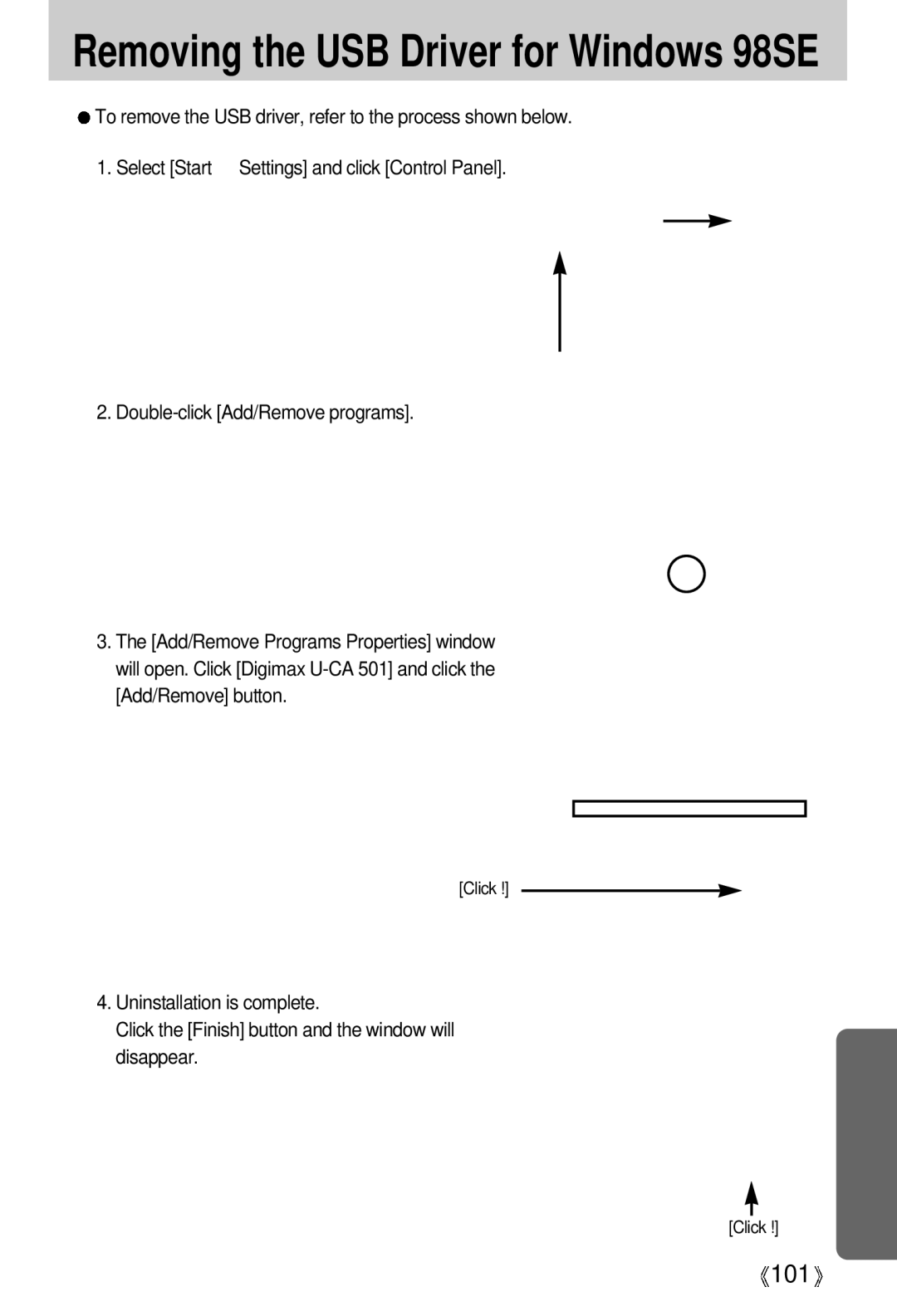 Samsung U-CA 501 user manual Removing the USB Driver for Windows 98SE 