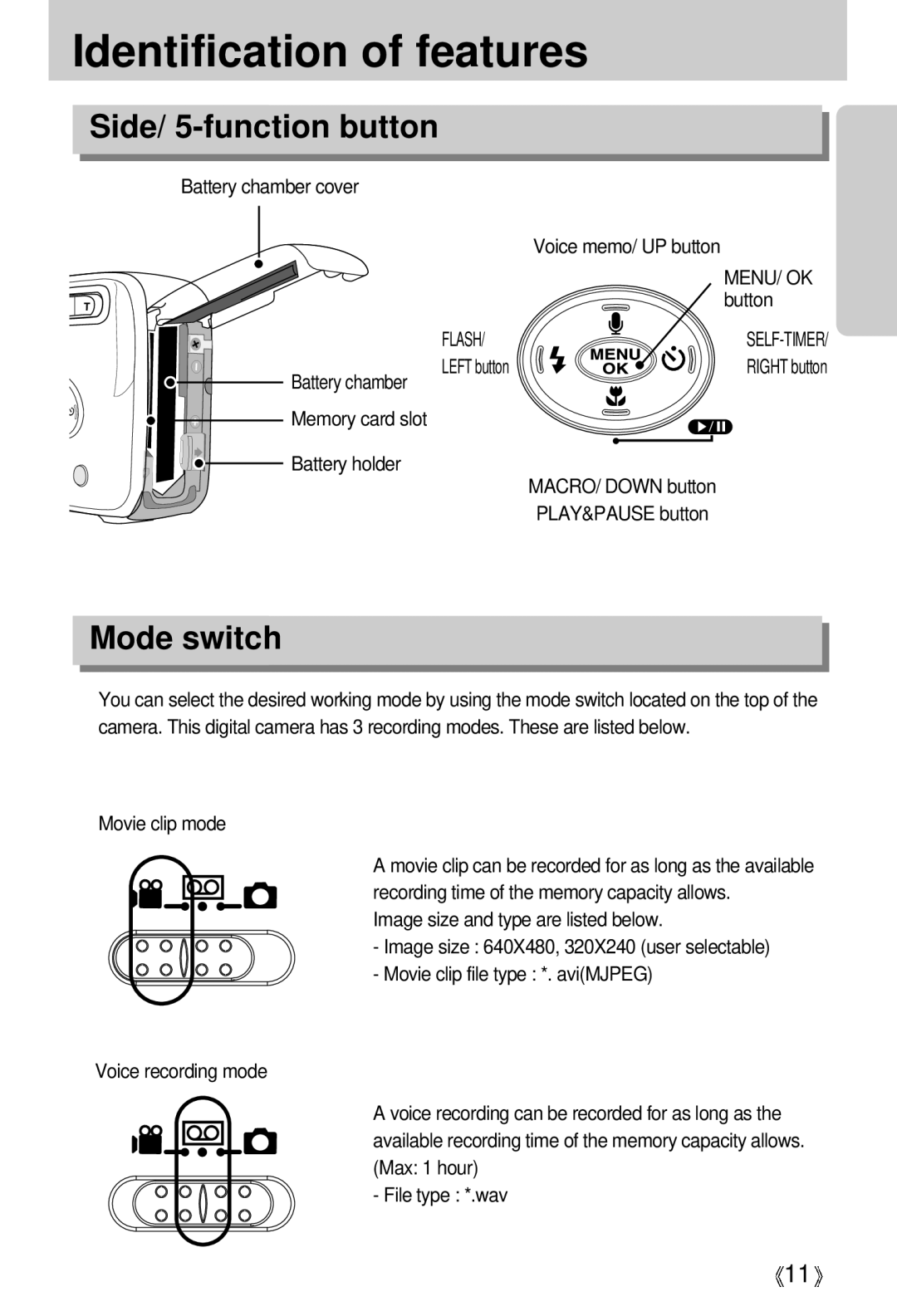 Samsung U-CA 501 user manual Side/ 5-function button, Mode switch, Flash 