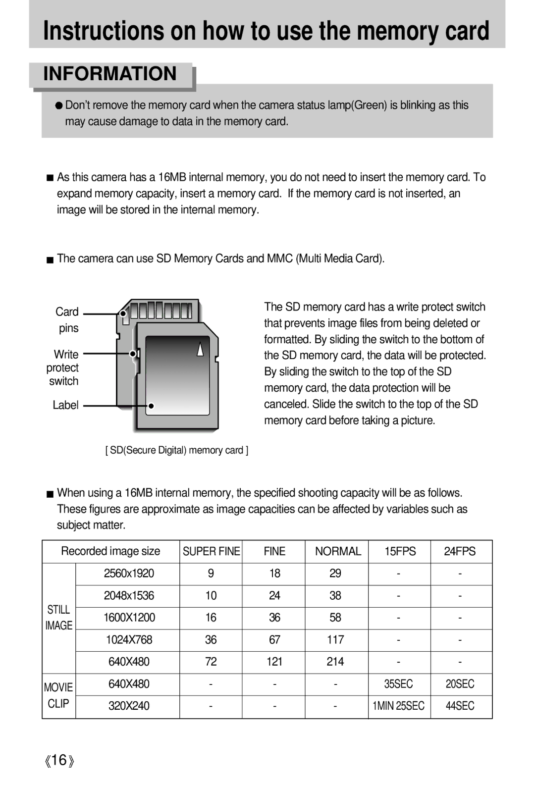 Samsung U-CA 501 user manual Label, Fine Normal 15FPS 24FPS, Clip 