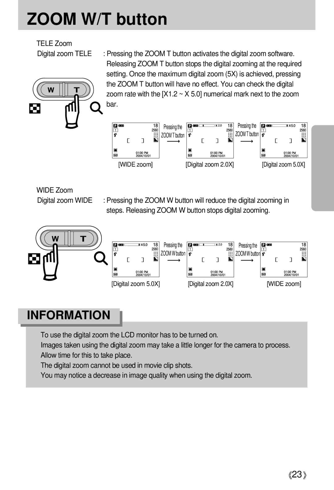 Samsung U-CA 501 user manual Zoom W/T button, Wide Zoom 