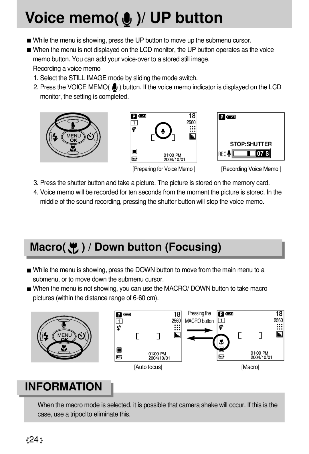 Samsung U-CA 501 user manual Voice memo / UP button, Macro / Down button Focusing 