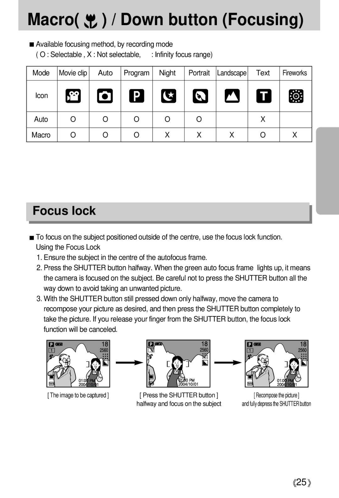 Samsung U-CA 501 user manual Macro / Down button Focusing, Focus lock, Auto Program Night Portrait, Text 