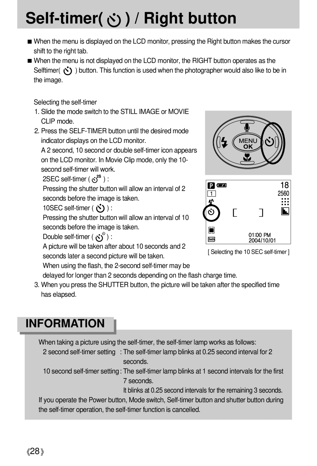 Samsung U-CA 501 user manual Self-timer / Right button, 10SEC self-timer, Double self-timer 