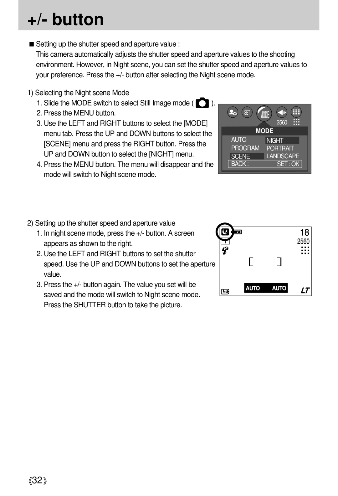 Samsung U-CA 501 Setting up the shutter speed and aperture value, Selecting the Night scene Mode, Press the Menu button 