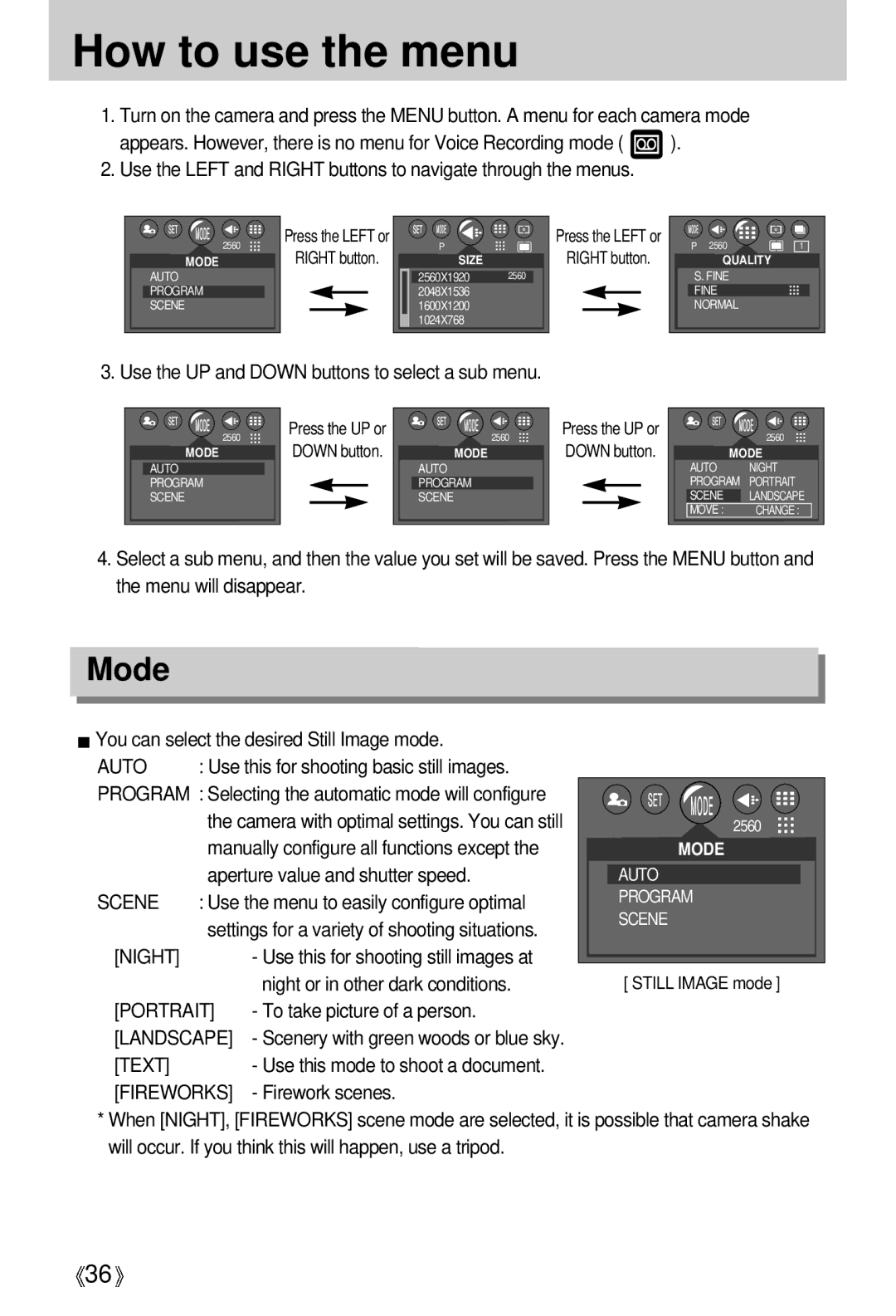 Samsung U-CA 501 user manual How to use the menu, Mode, Portrait, Landscape 