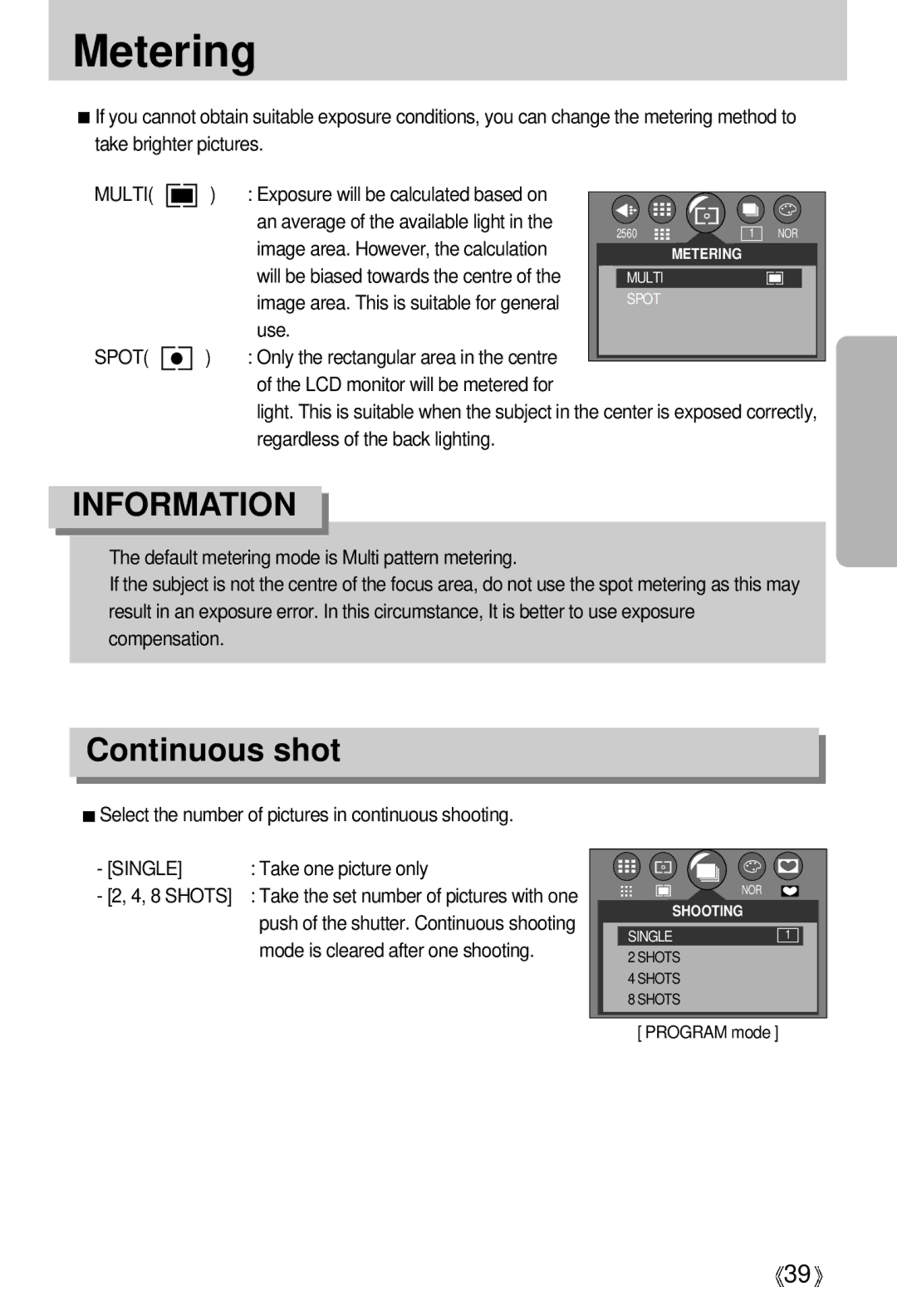 Samsung U-CA 501 user manual Metering, Continuous shot, Multi Spot 